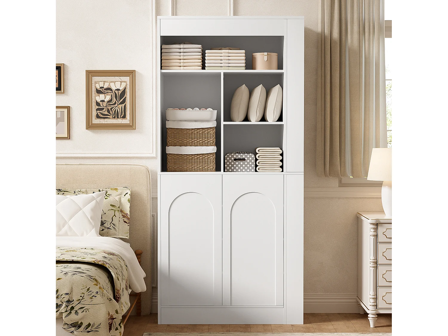 Buffet hoch / Moderne Vitrine - mit 2 Türen - offene Regale - mit Seitenregalen - Weiß