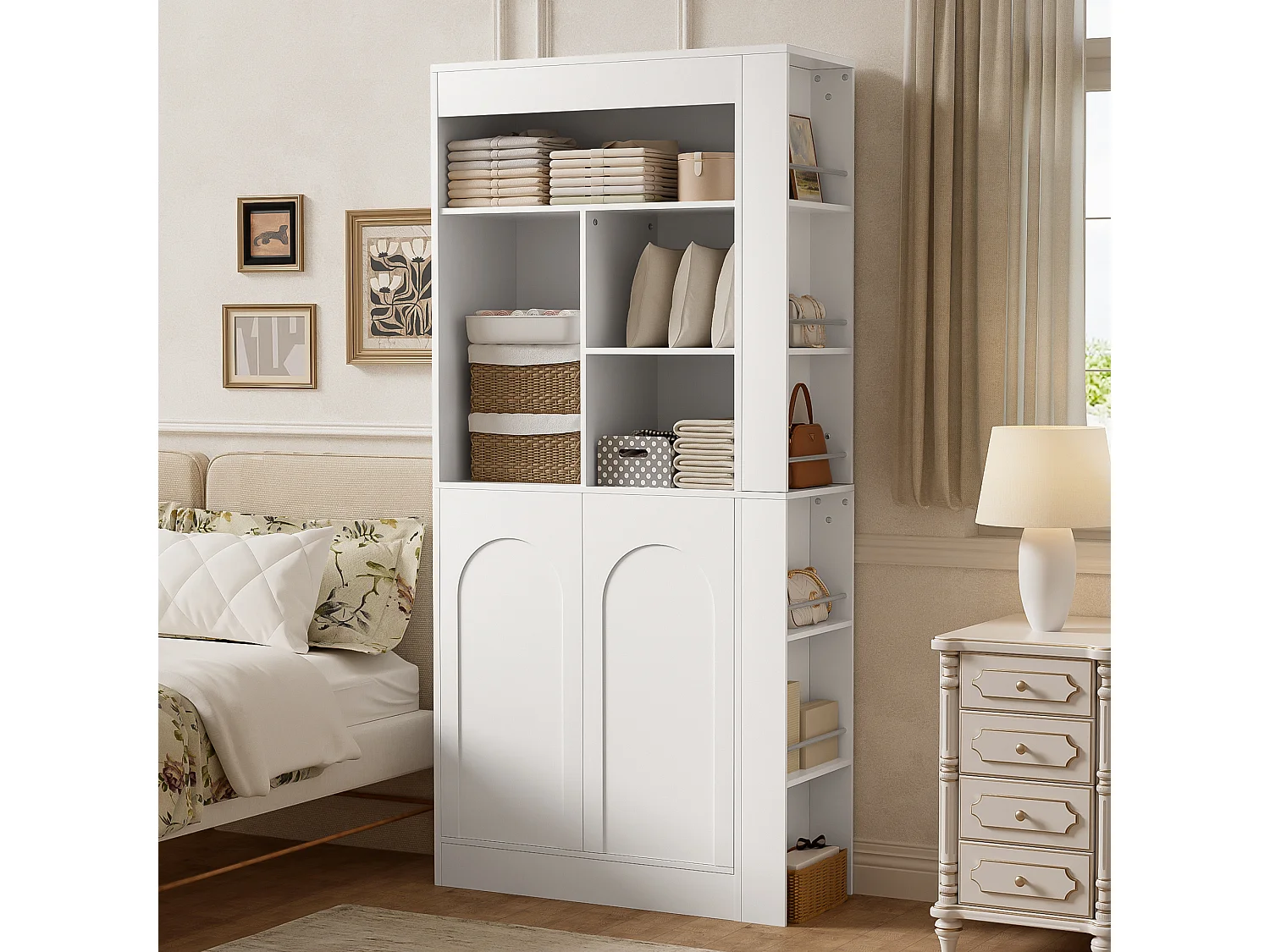 Buffet hoch / Moderne Vitrine - mit 2 Türen - offene Regale - mit Seitenregalen - Weiß