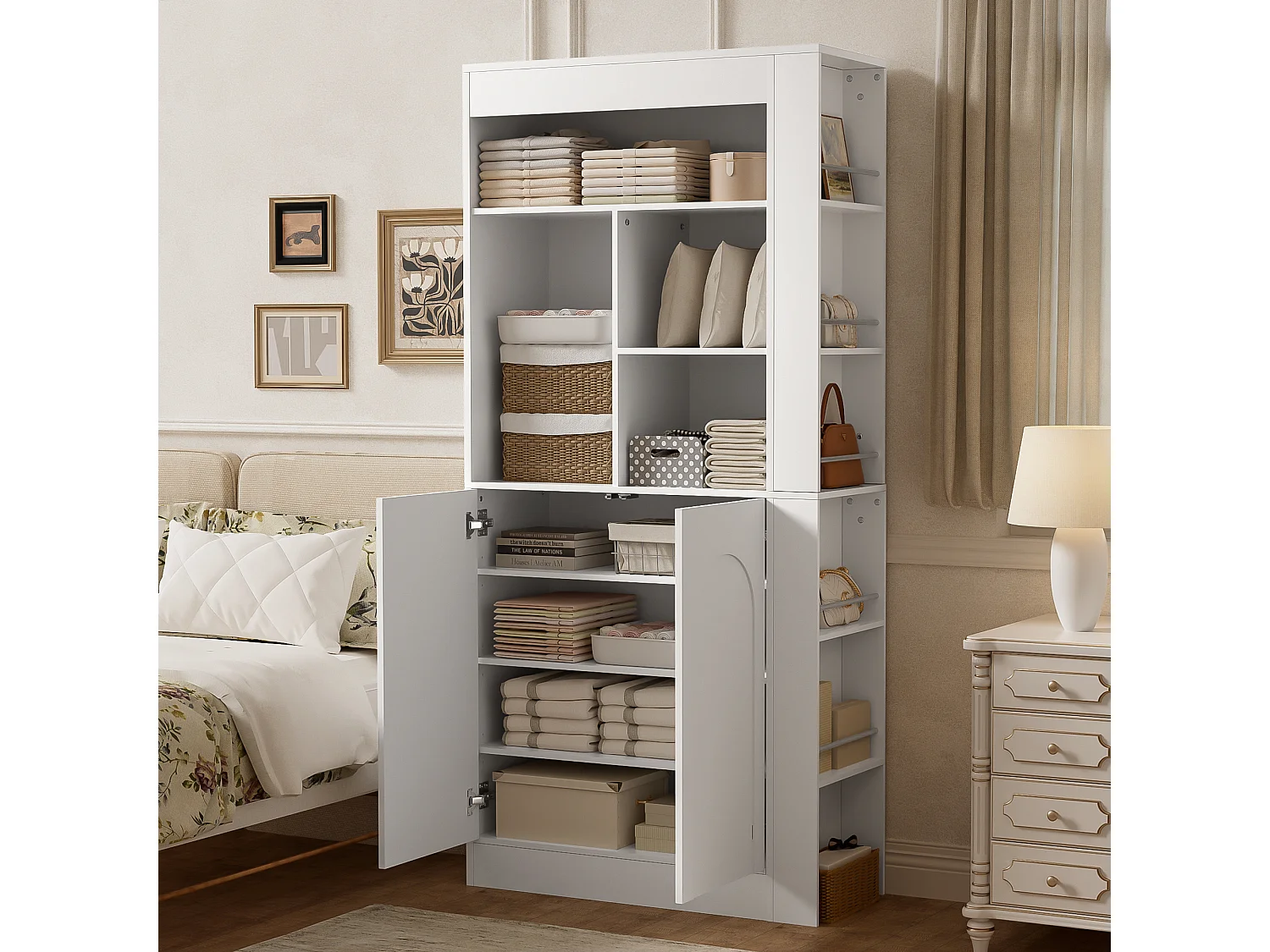 Buffet hoch / Moderne Vitrine - mit 2 Türen - offene Regale - mit Seitenregalen - Weiß