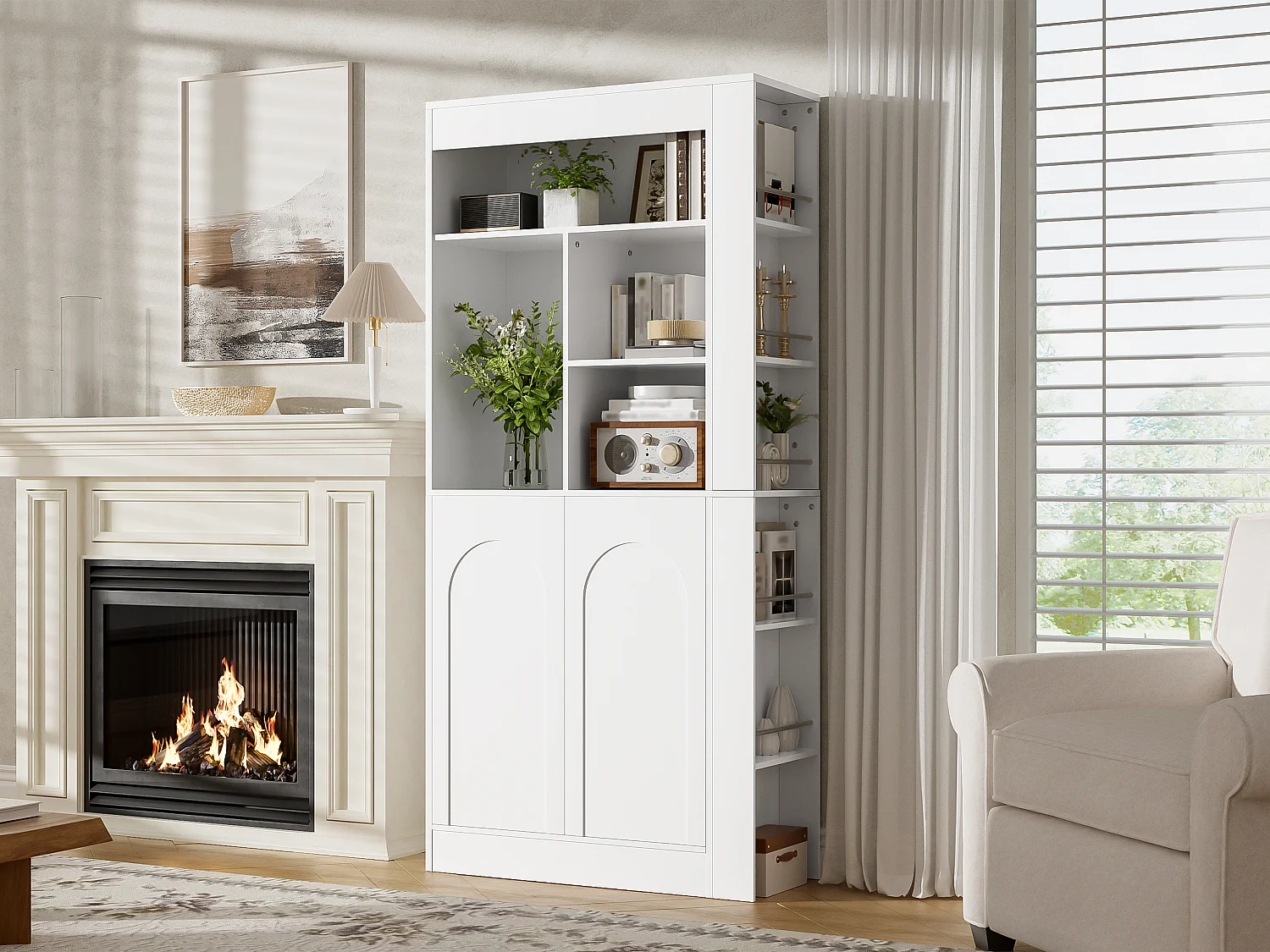 Buffet hoch / Moderne Vitrine - mit 2 Türen - offene Regale - mit Seitenregalen - Weiß