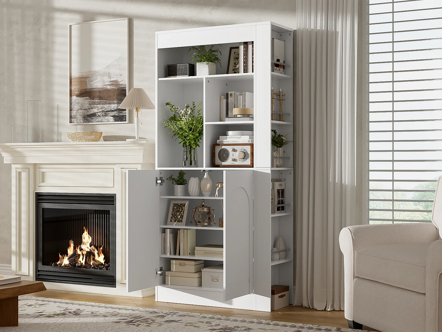 Buffet hoch / Moderne Vitrine - mit 2 Türen - offene Regale - mit Seitenregalen - Weiß