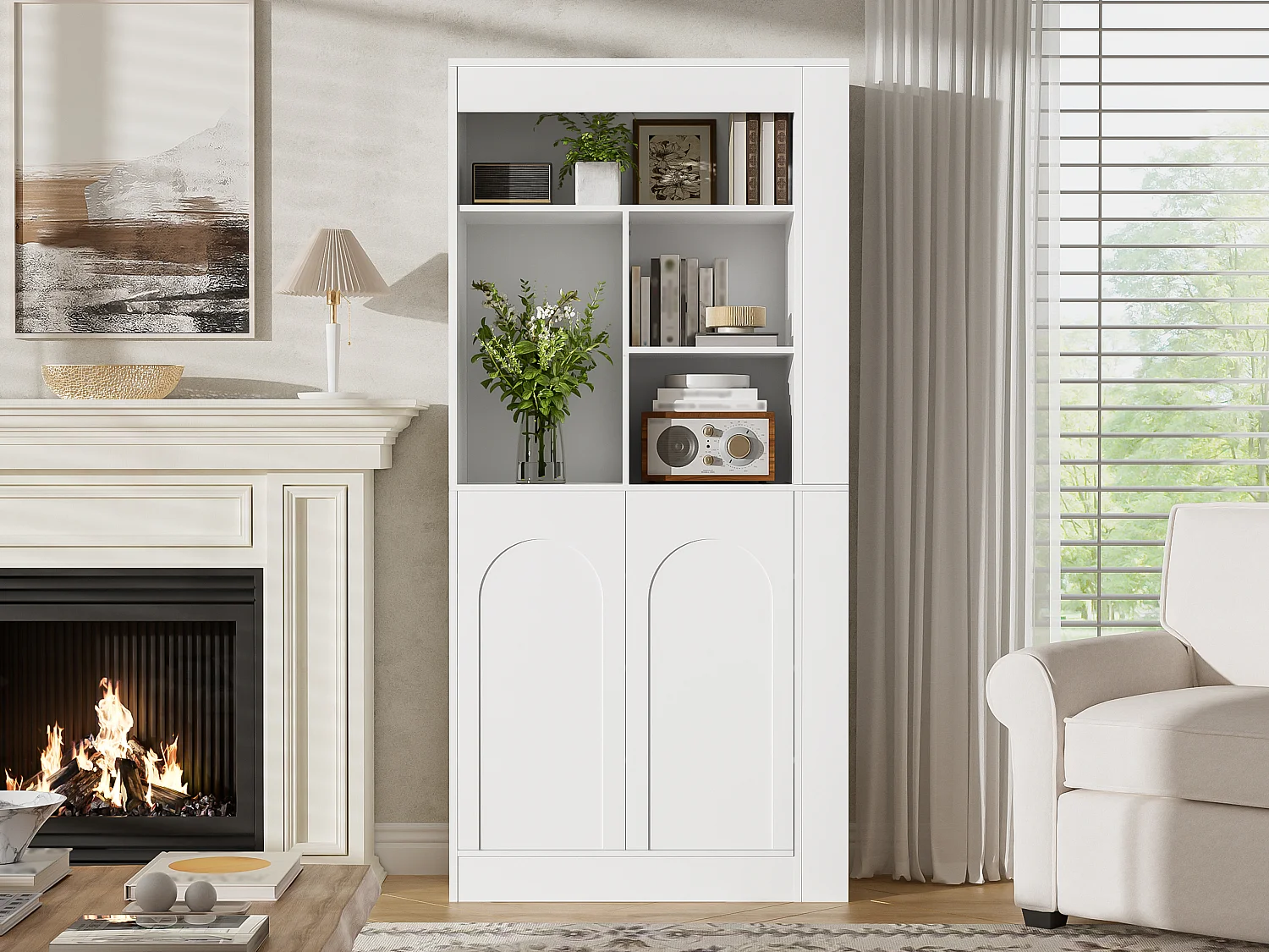 Buffet hoch / Moderne Vitrine - mit 2 Türen - offene Regale - mit Seitenregalen - Weiß