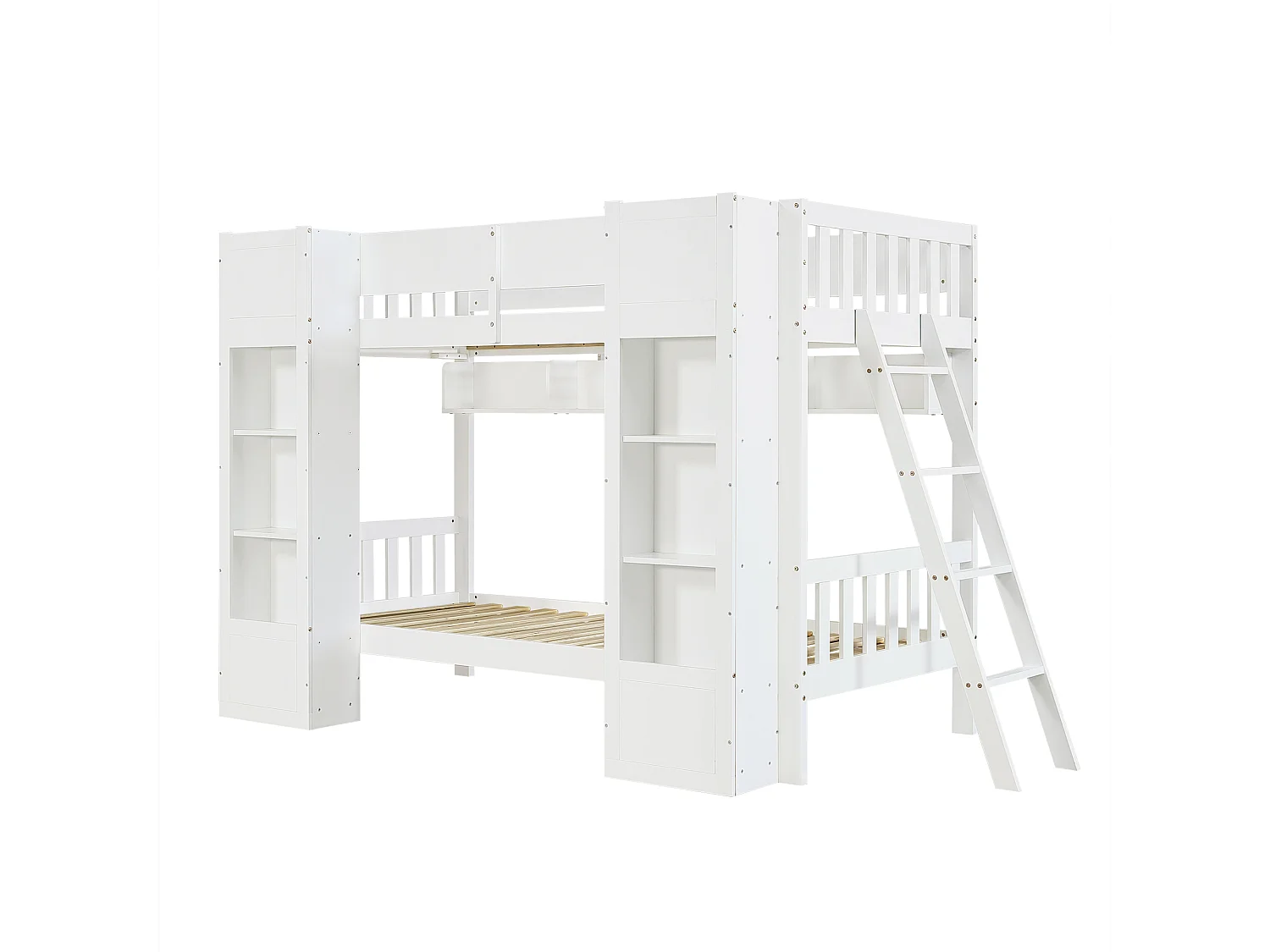 Lit superposé enfant 90x200 cm - avec 2 bibliothèques et étagères suspendues - échelle installée du côté gauche/droite - Bois massif + MDF - Blanc (sans matelas)