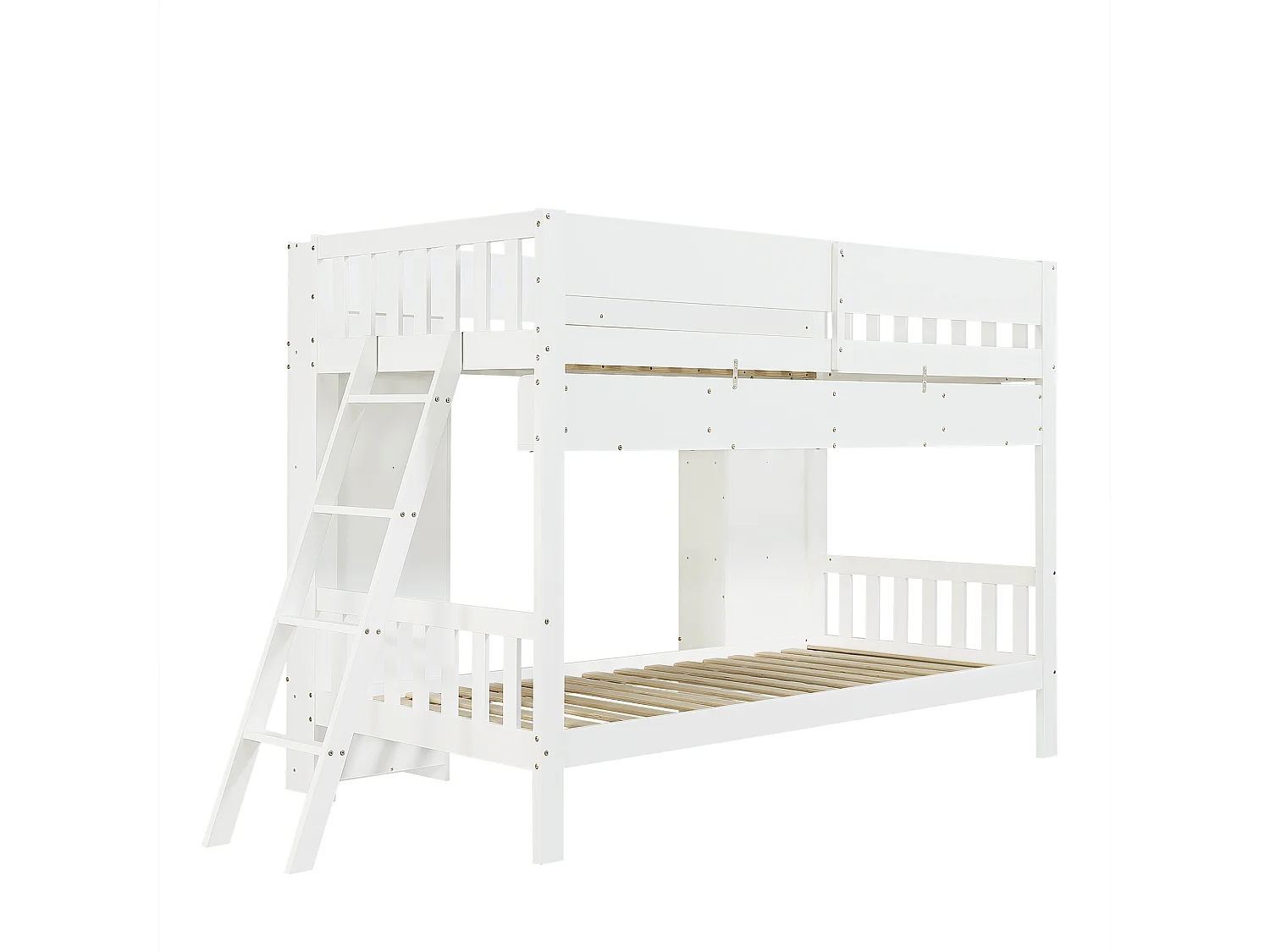 Lit superposé enfant 90x200 cm - avec 2 bibliothèques et étagères suspendues - échelle installée du côté gauche/droite - Bois massif + MDF - Blanc (sans matelas)