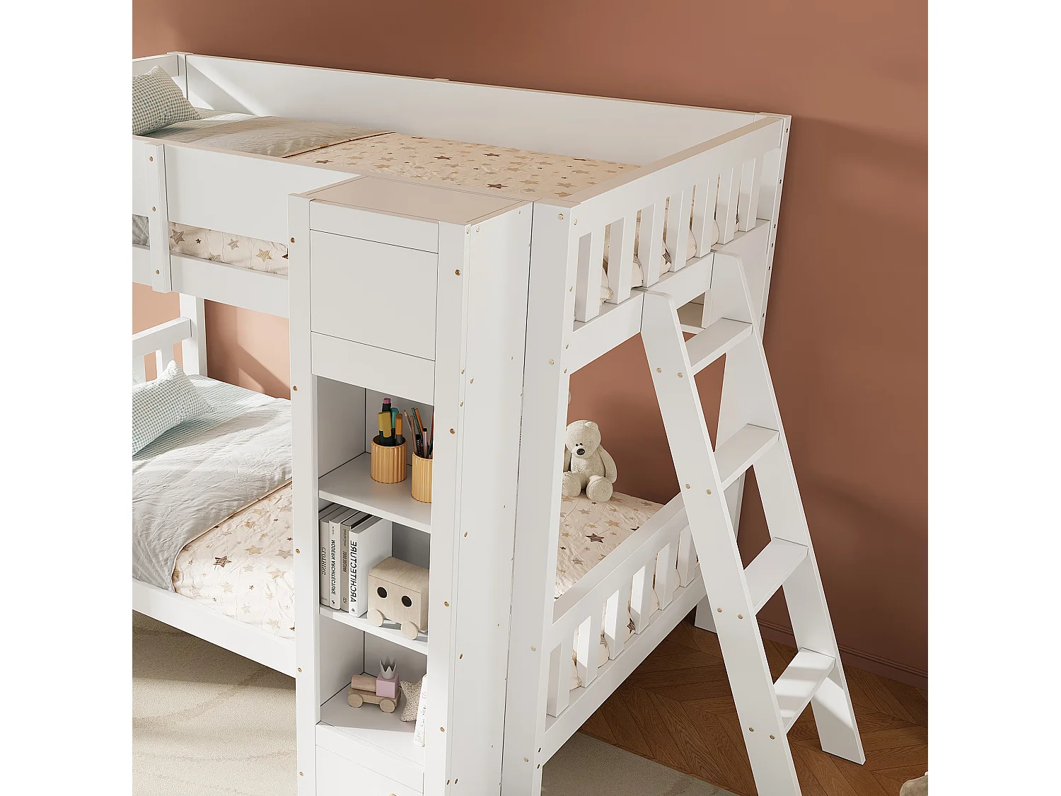 Lit superposé enfant 90x200 cm - avec 2 bibliothèques et étagères suspendues - échelle installée du côté gauche/droite - Bois massif + MDF - Blanc (sans matelas)