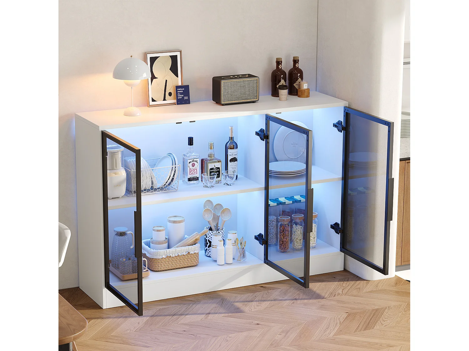 Vitrine en verre 120 x 30 x 73 cm - 3 portes vitrées grises - Avec bande LED - Panneaux de particules - Blanc