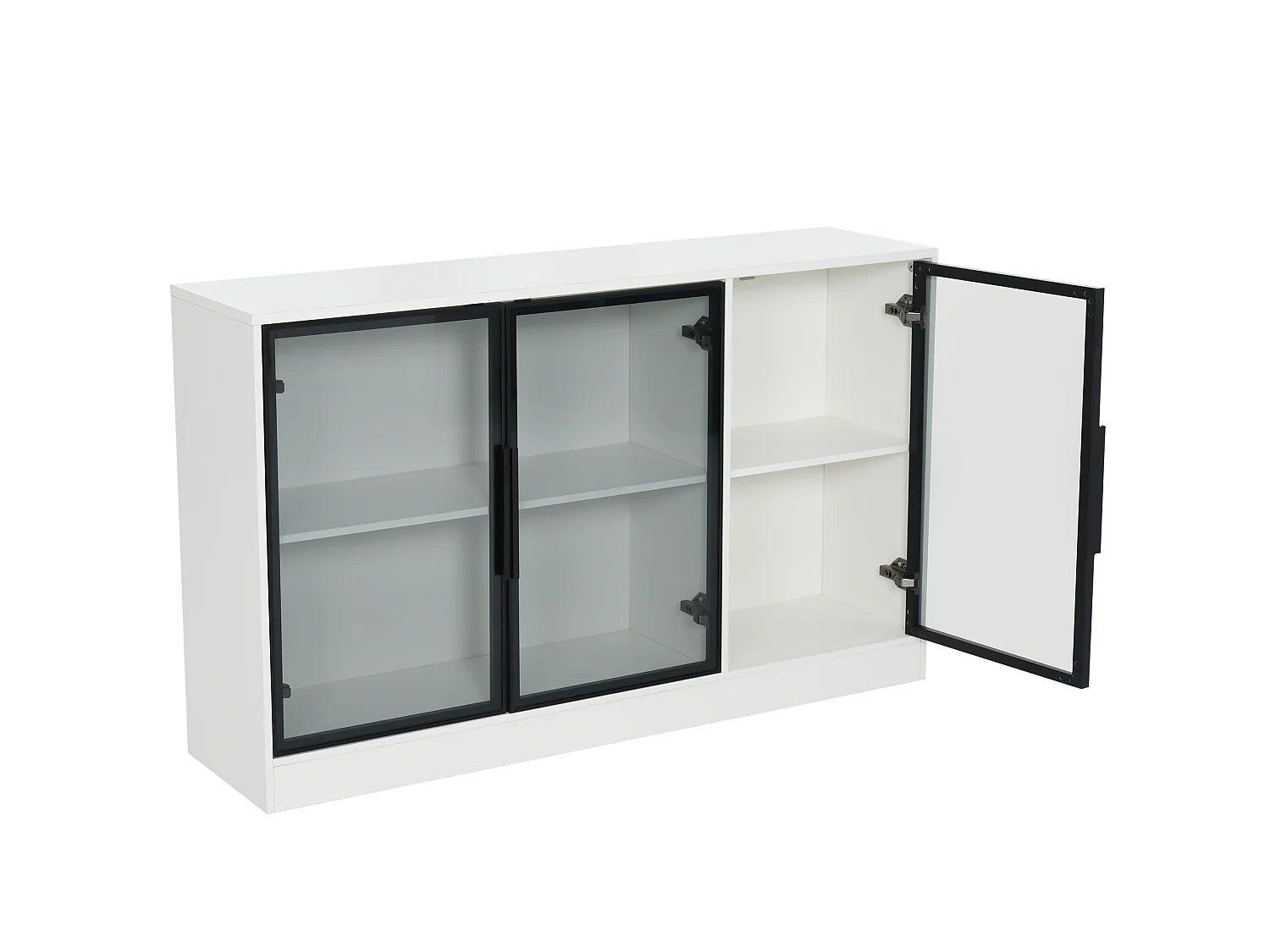 Vitrine en verre 120 x 30 x 73 cm - 3 portes vitrées grises - Avec bande LED - Panneaux de particules - Blanc