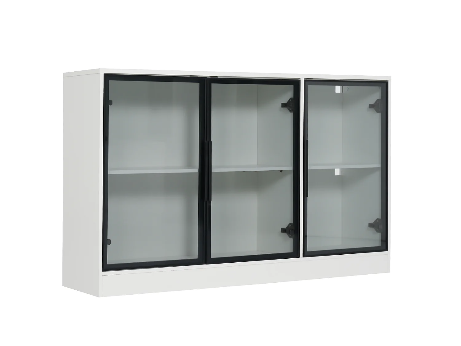 Vitrine en verre 120 x 30 x 73 cm - 3 portes vitrées grises - Avec bande LED - Panneaux de particules - Blanc