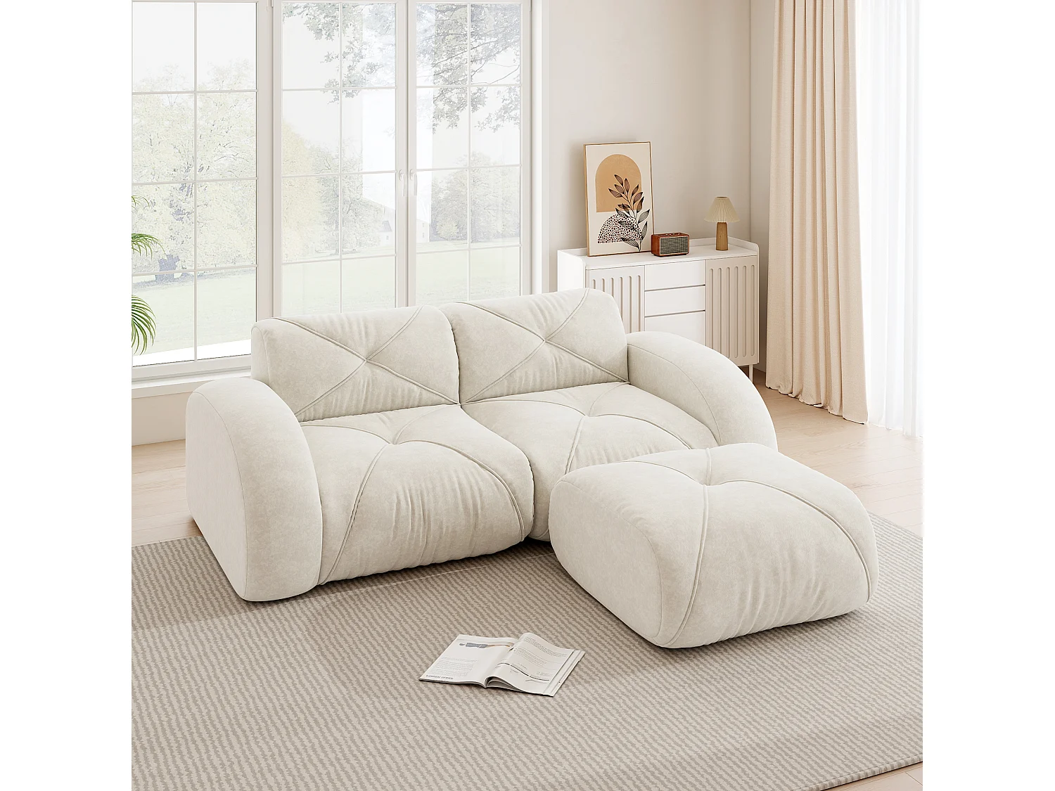 Canapé d'Angle Modulaire 2 Places avec Pouf en Chenille, Design Minimaliste sans Cadre, Assise Profonde et Flexible - Blanc