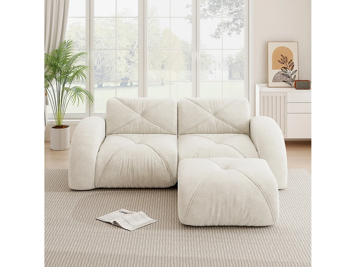 Canapé d'Angle Modulaire 2 Places avec Pouf en Chenille, Design Minimaliste sans Cadre, Assise Profonde et Flexible - Blanc
