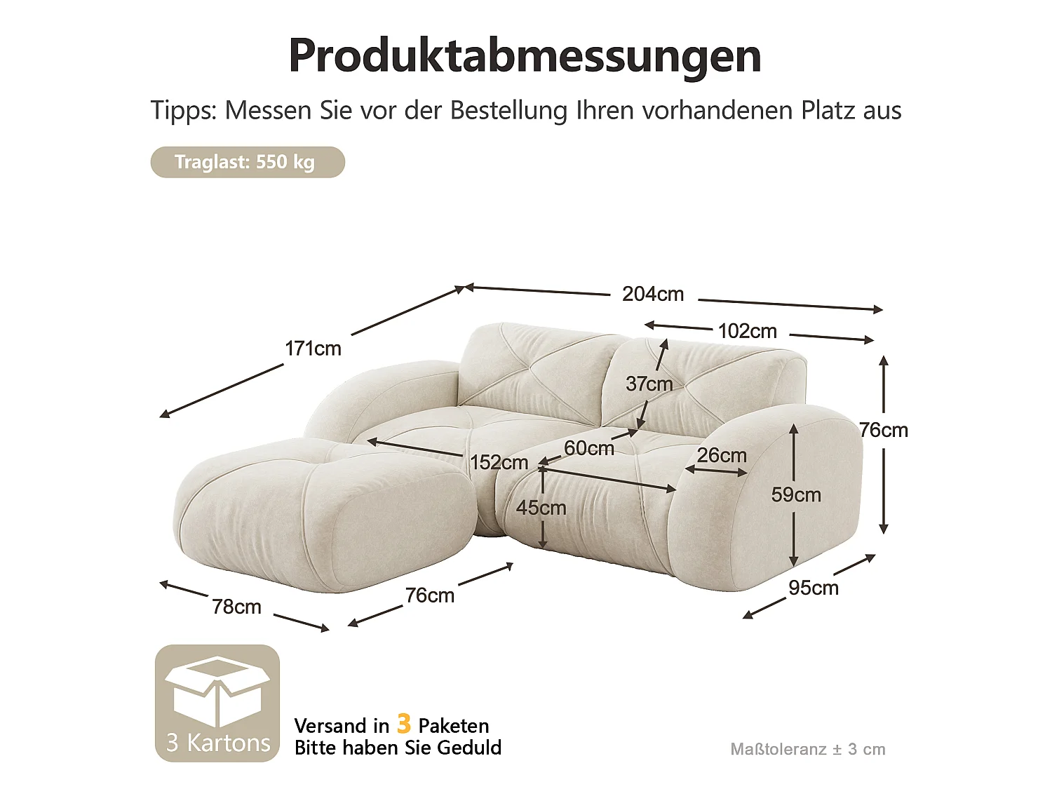 Canapé d'Angle Modulaire 2 Places avec Pouf en Chenille, Design Minimaliste sans Cadre, Assise Profonde et Flexible - Blanc