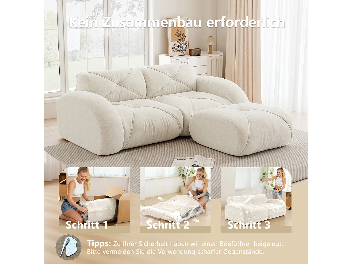 Canapé d'Angle Modulaire 2 Places avec Pouf en Chenille, Design Minimaliste sans Cadre, Assise Profonde et Flexible - Blanc