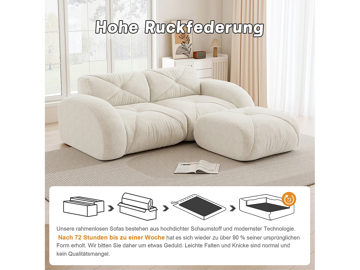 Canapé d'Angle Modulaire 2 Places avec Pouf en Chenille, Design Minimaliste sans Cadre, Assise Profonde et Flexible - Blanc