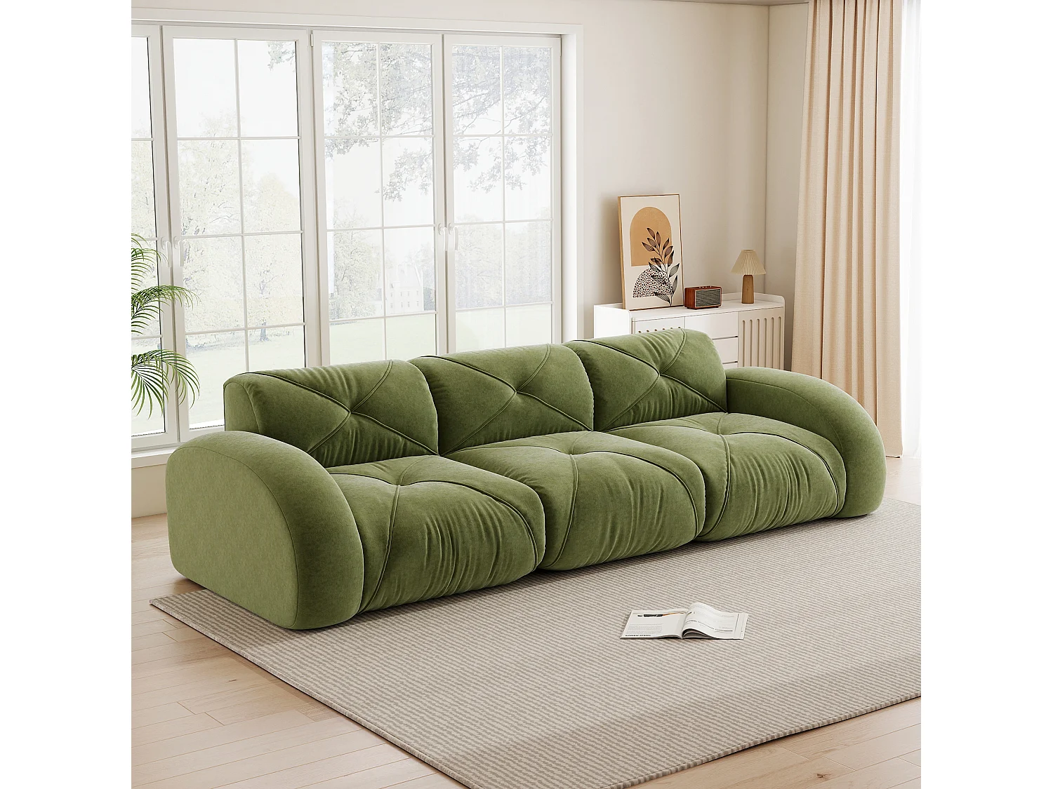 Canapé 3 Places Modulaire en Chenille, Design Minimaliste sans Cadre, Assise Profonde et Confortable - Vert
