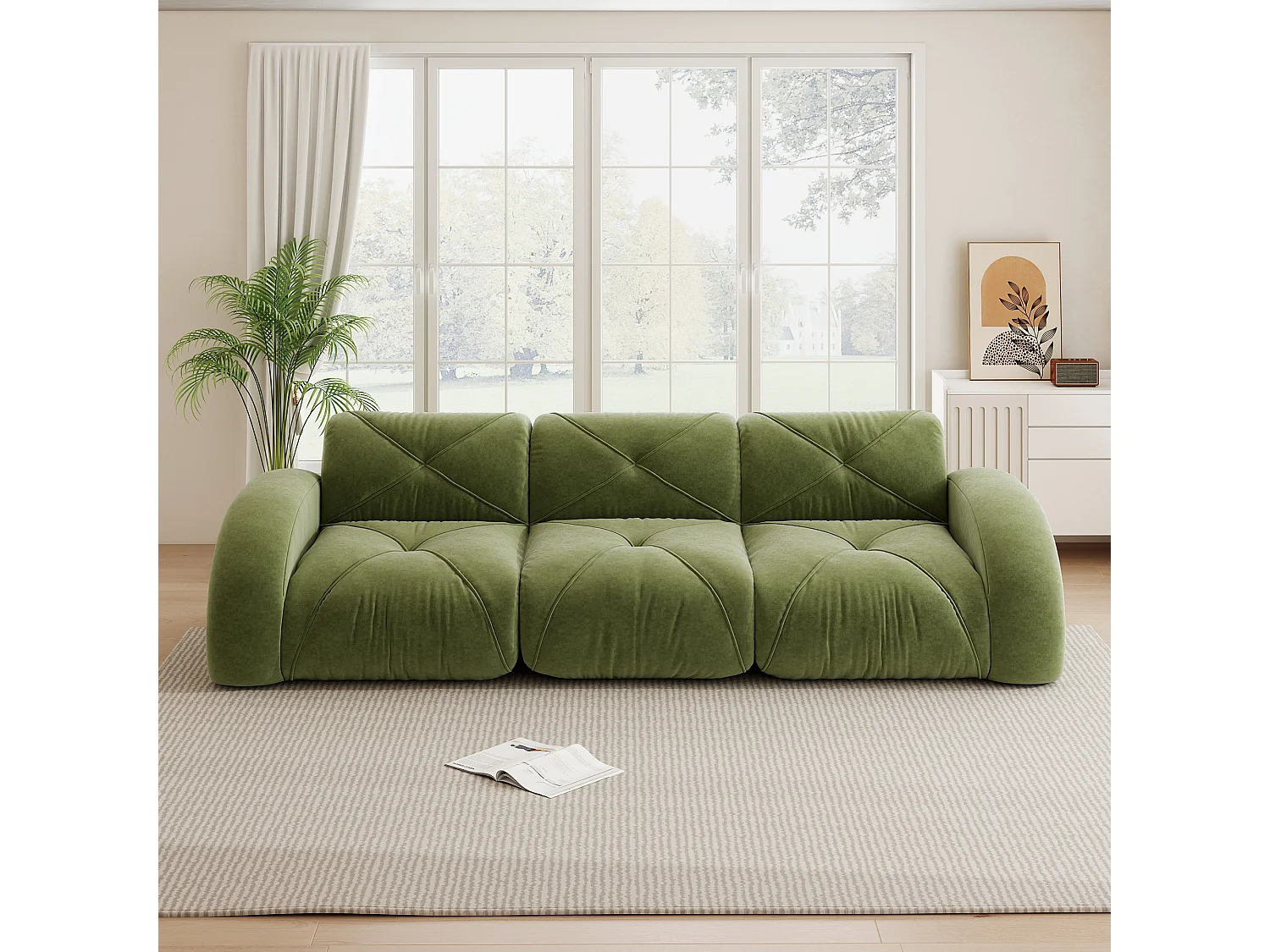 Canapé 3 Places Modulaire en Chenille, Design Minimaliste sans Cadre, Assise Profonde et Confortable - Vert