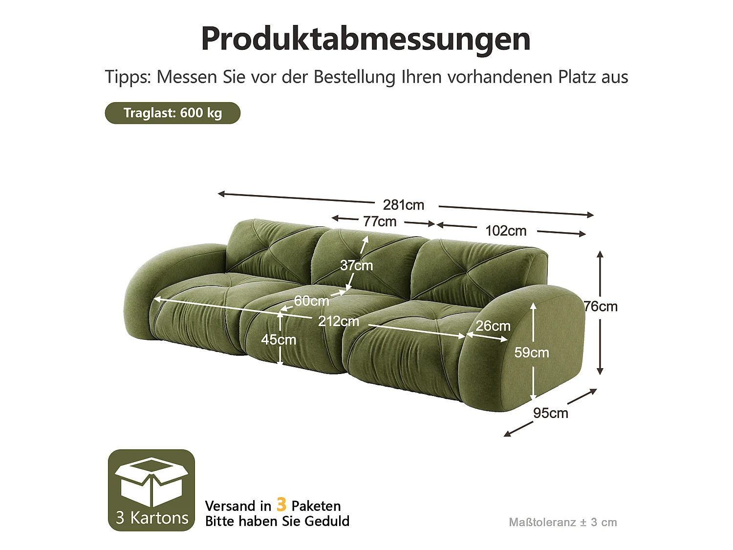 Canapé 3 Places Modulaire en Chenille, Design Minimaliste sans Cadre, Assise Profonde et Confortable - Vert