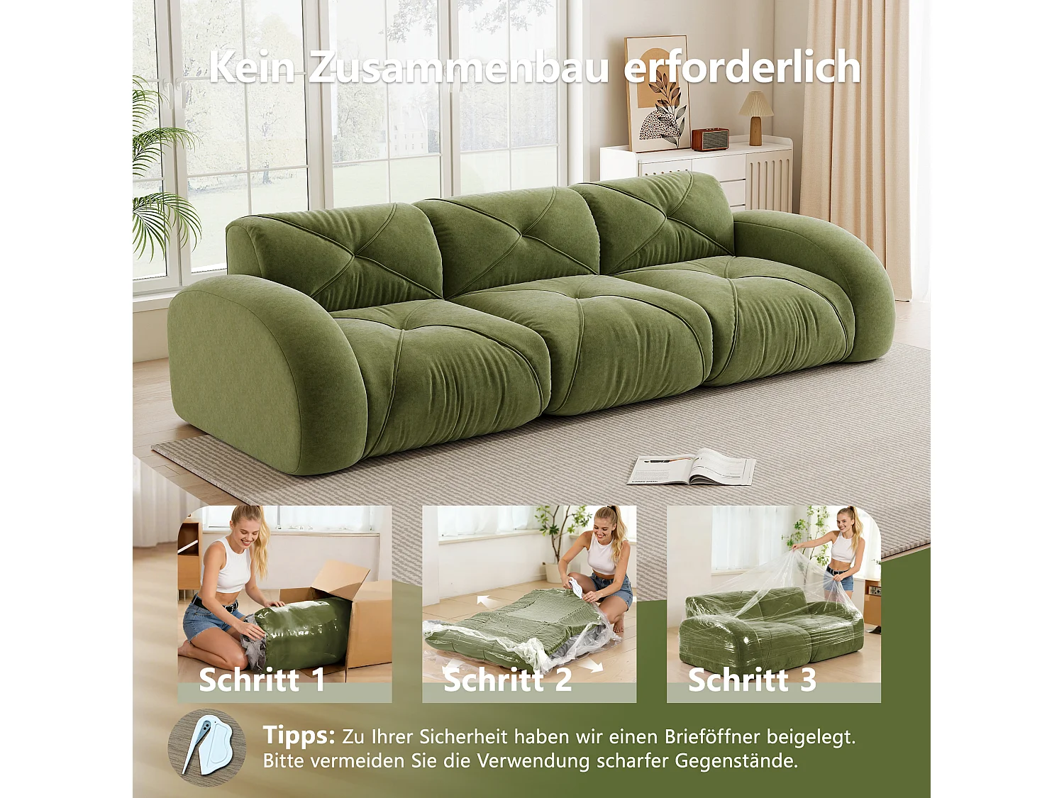 Canapé 3 Places Modulaire en Chenille, Design Minimaliste sans Cadre, Assise Profonde et Confortable - Vert