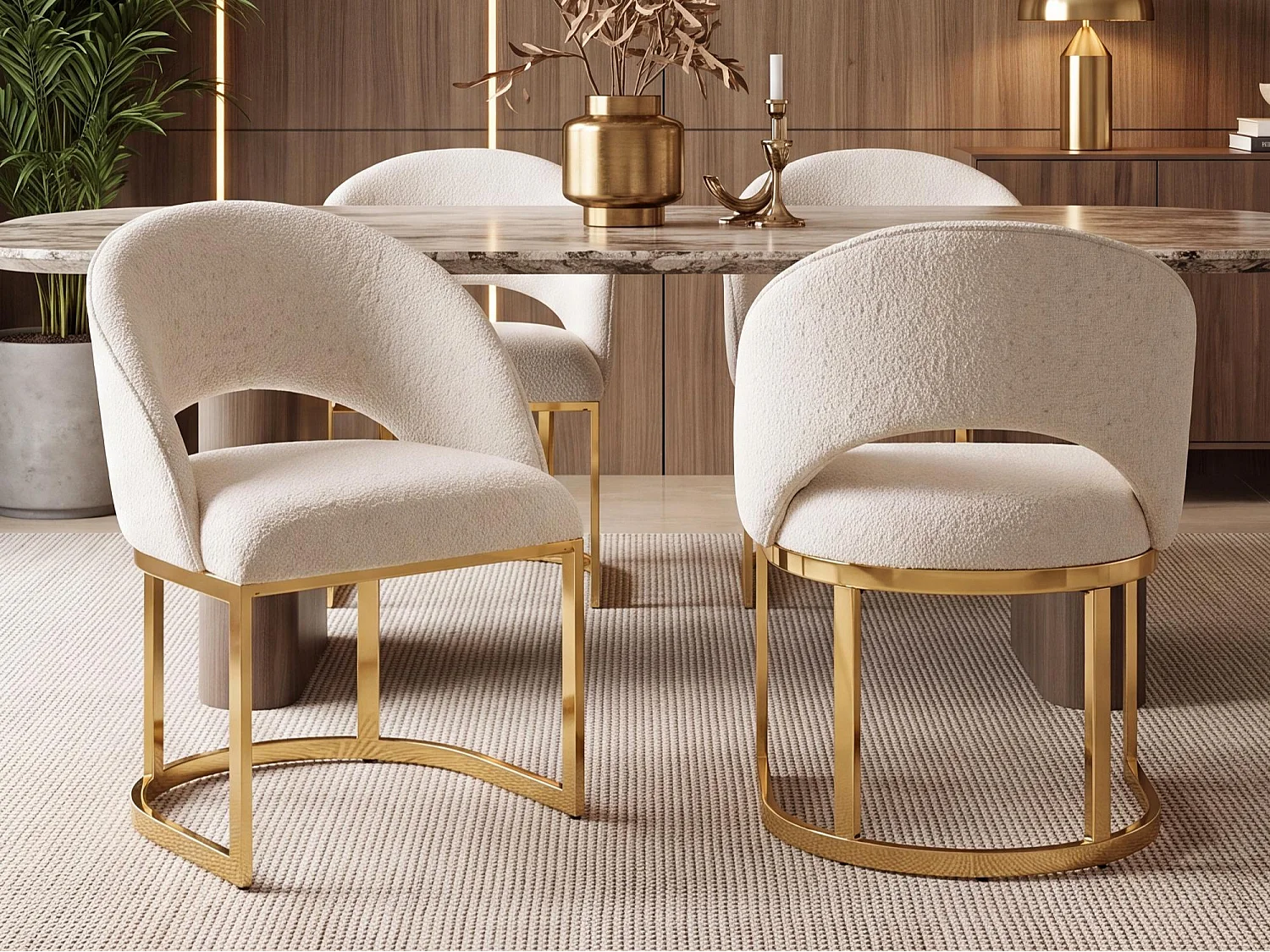 Lot de 4 chaises de salle à manger - Style moderne - Pieds plaqués or - Tissu en bouclé - Beige et doré
