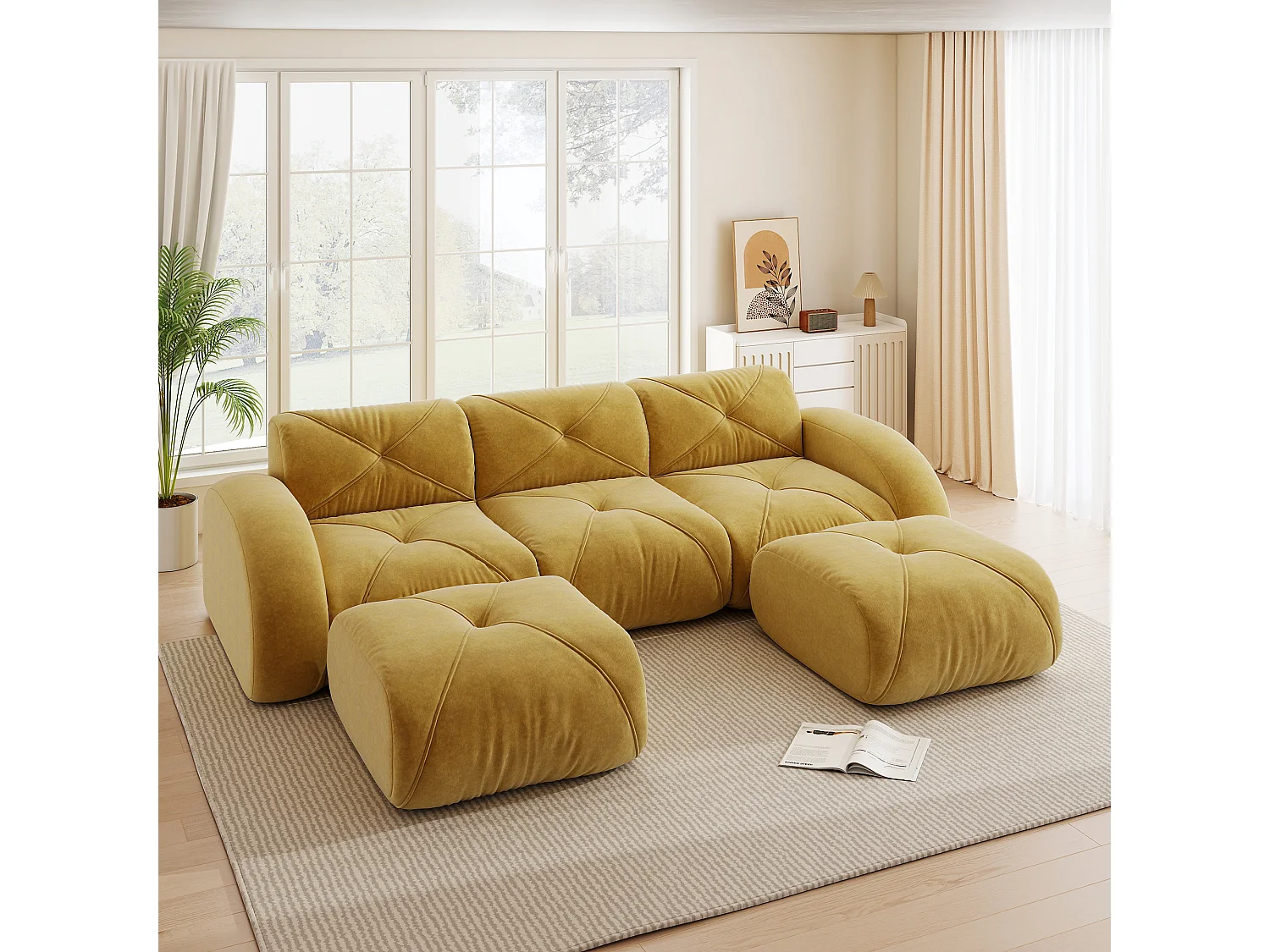 Canapé d'Angle Modulaire 3 Places avec 2 Poufs en Chenille, Design Minimaliste sans Cadre, Assise Profonde et Flexible - Jaune