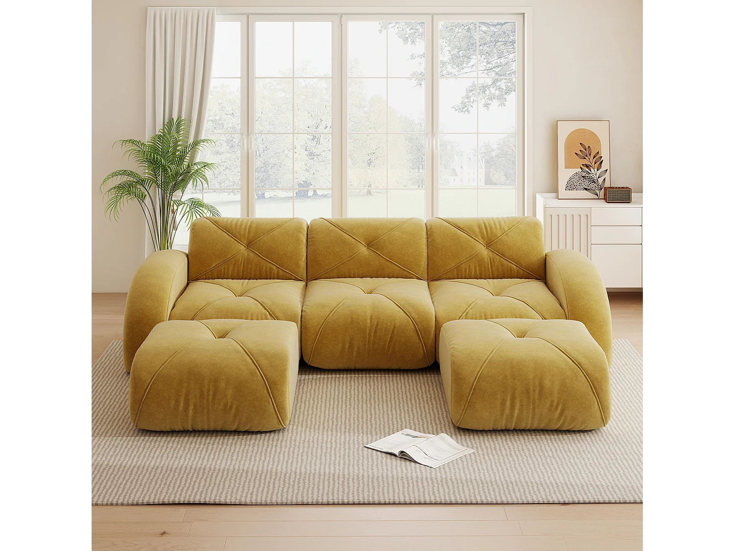 Canapé d'Angle Modulaire 3 Places avec 2 Poufs en Chenille, Design Minimaliste sans Cadre, Assise Profonde et Flexible - Jaune