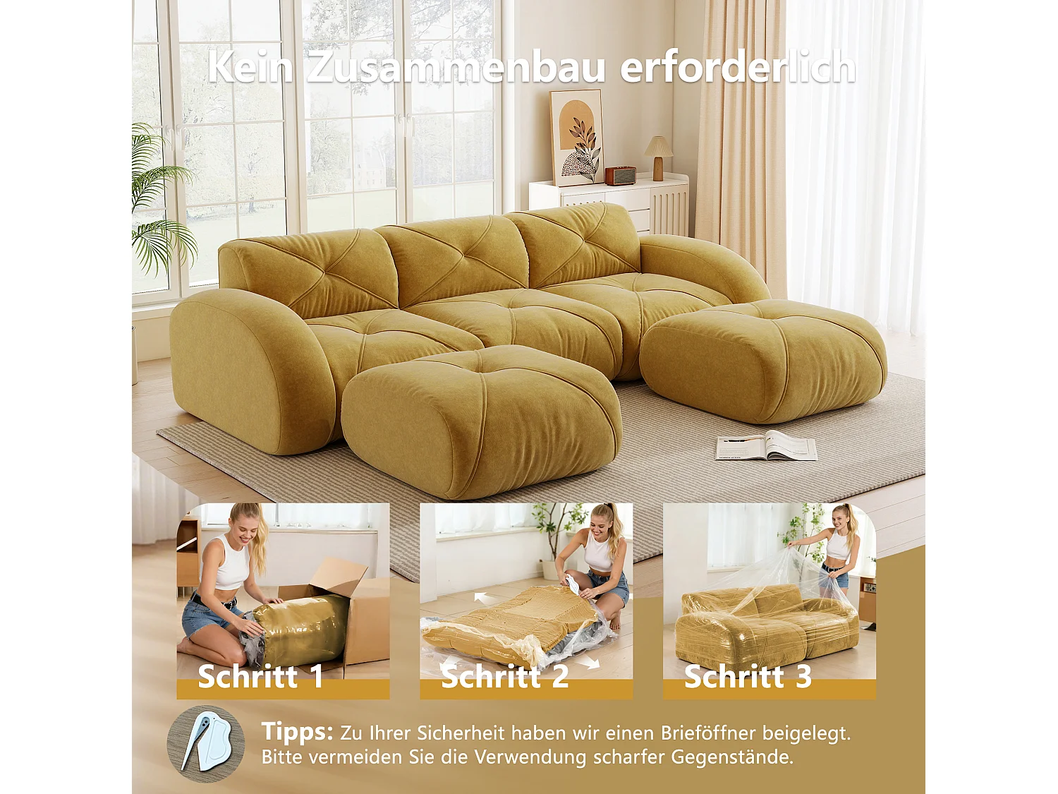 Canapé d'Angle Modulaire 3 Places avec 2 Poufs en Chenille, Design Minimaliste sans Cadre, Assise Profonde et Flexible - Jaune