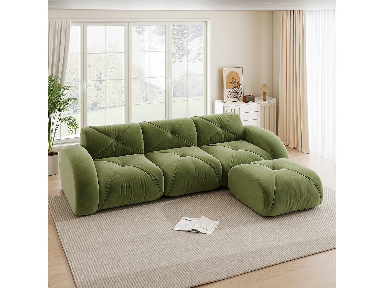 Canapé d'Angle Modulaire 3 Places avec Pouf en Chenille, Design Minimaliste sans Cadre, Assise Profonde et Flexible - Vert
