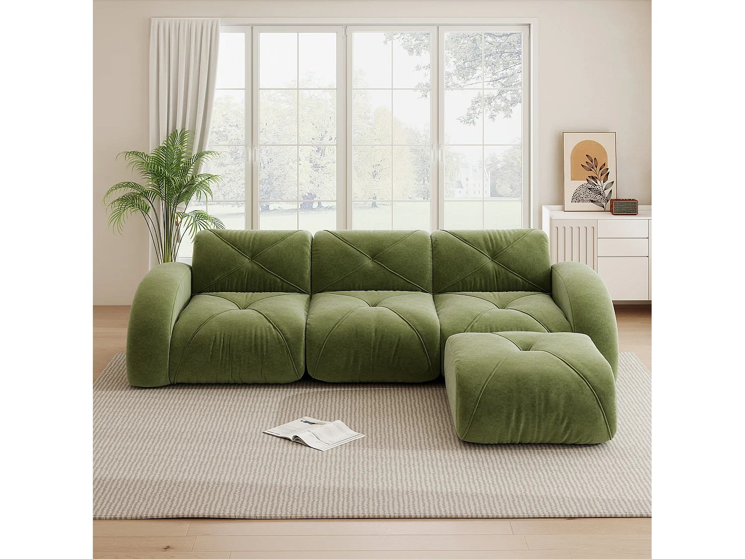 Canapé d'Angle Modulaire 3 Places avec Pouf en Chenille, Design Minimaliste sans Cadre, Assise Profonde et Flexible - Vert