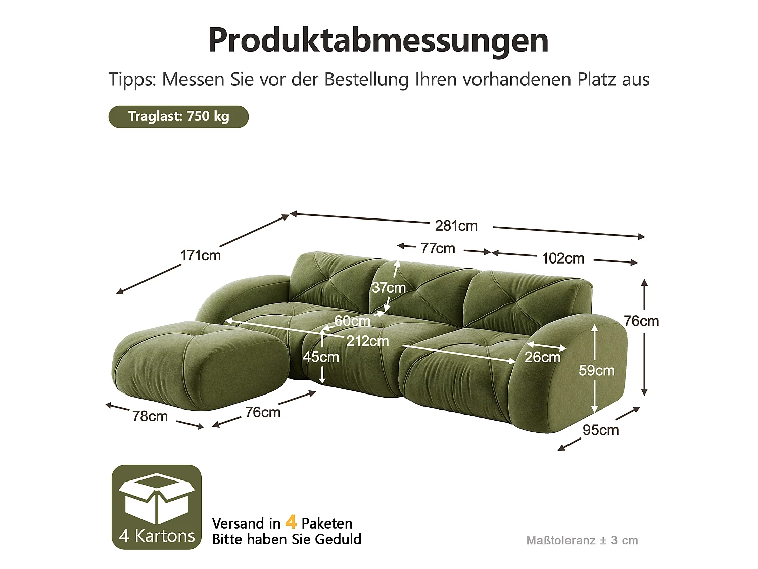 Canapé d'Angle Modulaire 3 Places avec Pouf en Chenille, Design Minimaliste sans Cadre, Assise Profonde et Flexible - Vert