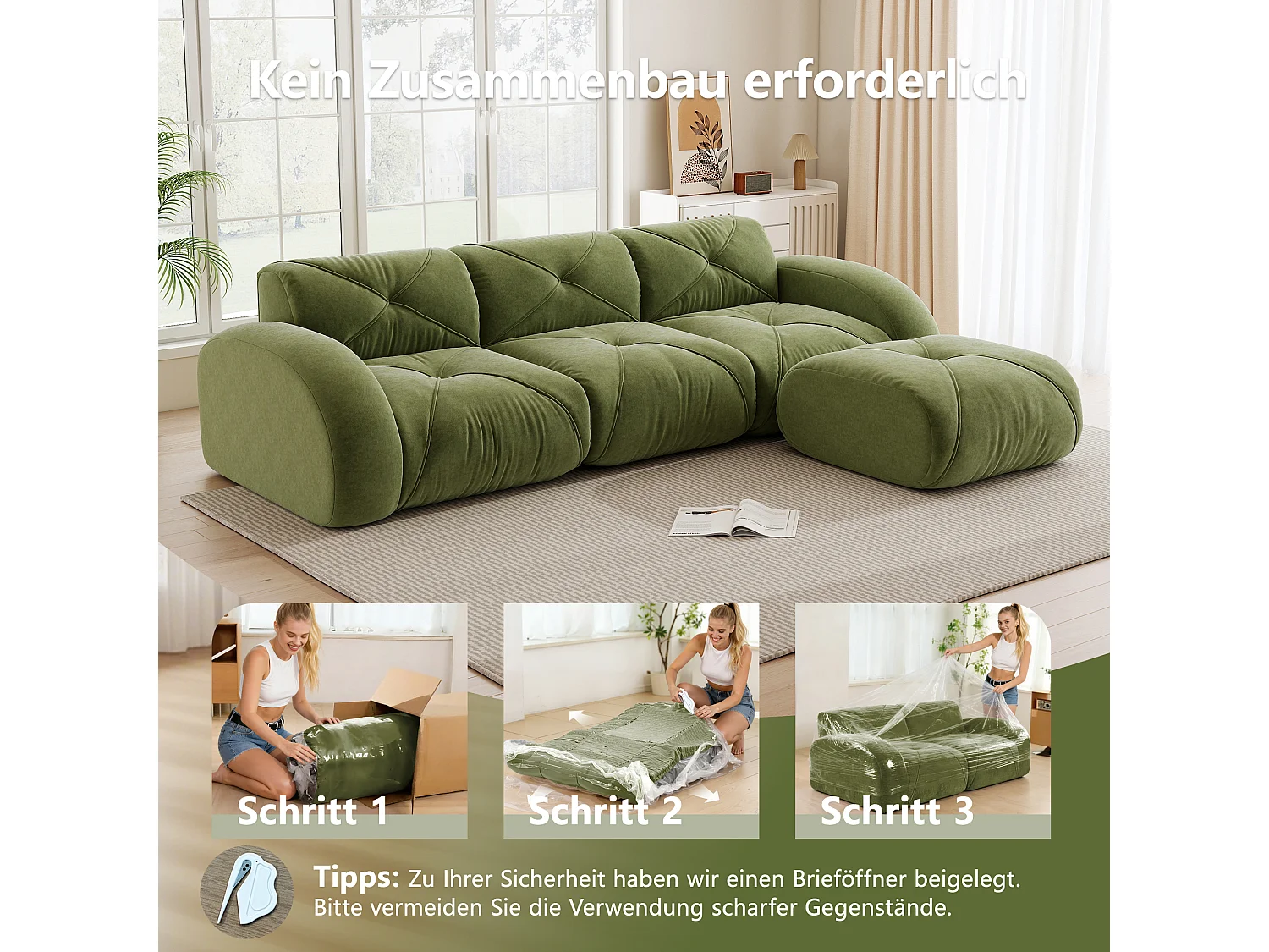 Canapé d'Angle Modulaire 3 Places avec Pouf en Chenille, Design Minimaliste sans Cadre, Assise Profonde et Flexible - Vert