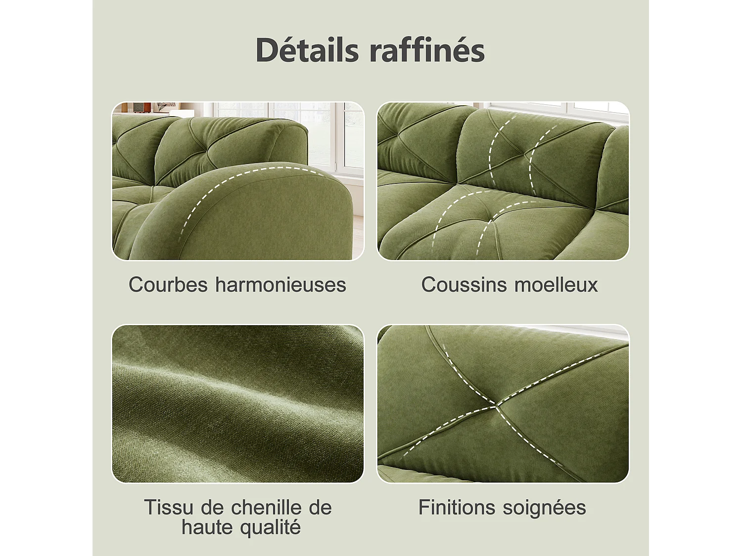 Canapé d'Angle Modulaire 3 Places avec Pouf en Chenille, Design Minimaliste sans Cadre, Assise Profonde et Flexible - Vert