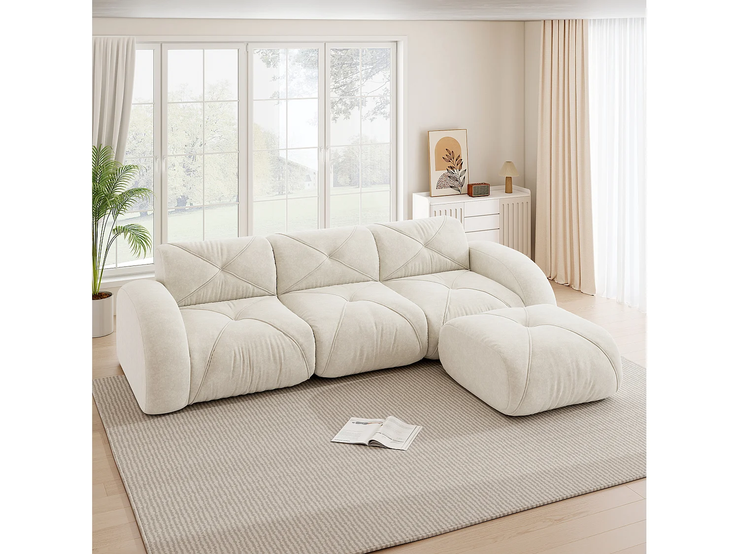 Canapé d'Angle Modulaire 3 Places avec Pouf en Chenille, Design Minimaliste sans Cadre, Assise Profonde et Flexible - Blanc