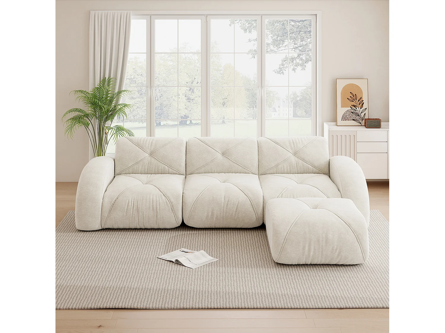 Canapé d'Angle Modulaire 3 Places avec Pouf en Chenille, Design Minimaliste sans Cadre, Assise Profonde et Flexible - Blanc