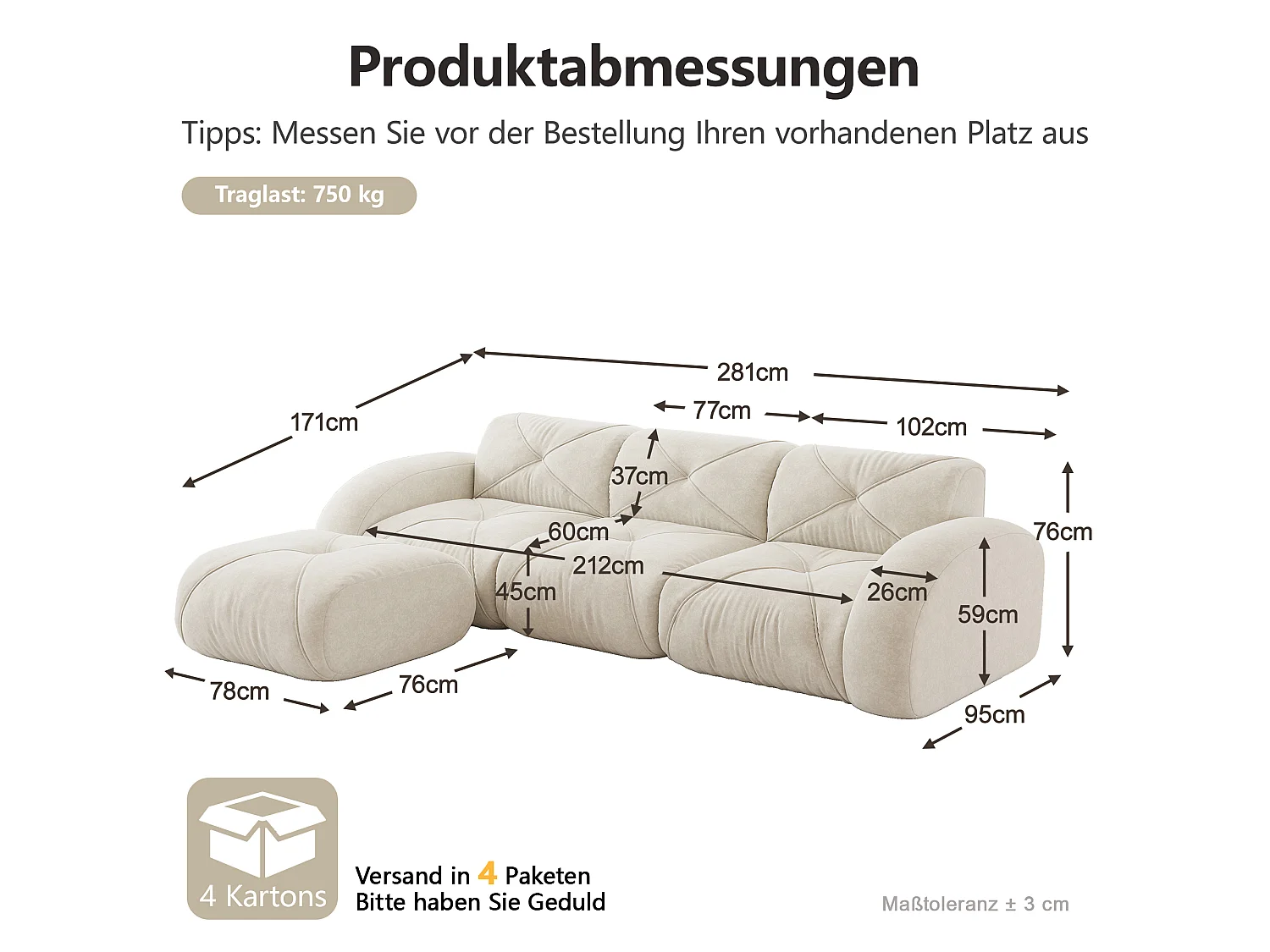 Canapé d'Angle Modulaire 3 Places avec Pouf en Chenille, Design Minimaliste sans Cadre, Assise Profonde et Flexible - Blanc