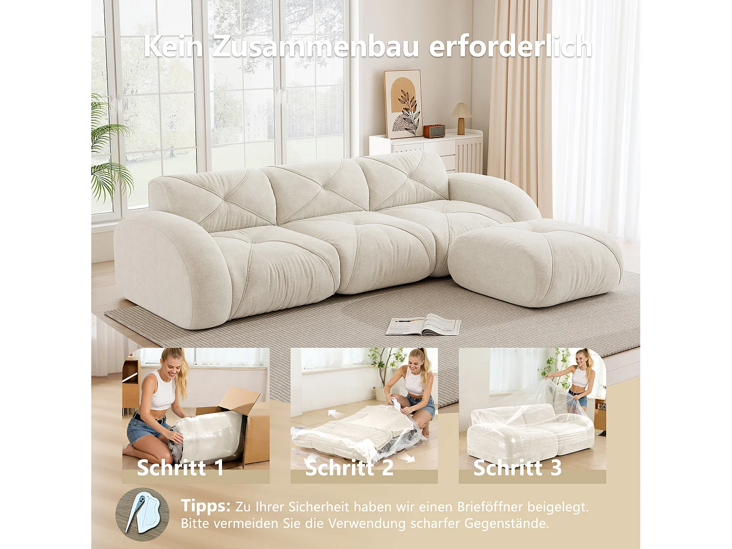Canapé d'Angle Modulaire 3 Places avec Pouf en Chenille, Design Minimaliste sans Cadre, Assise Profonde et Flexible - Blanc