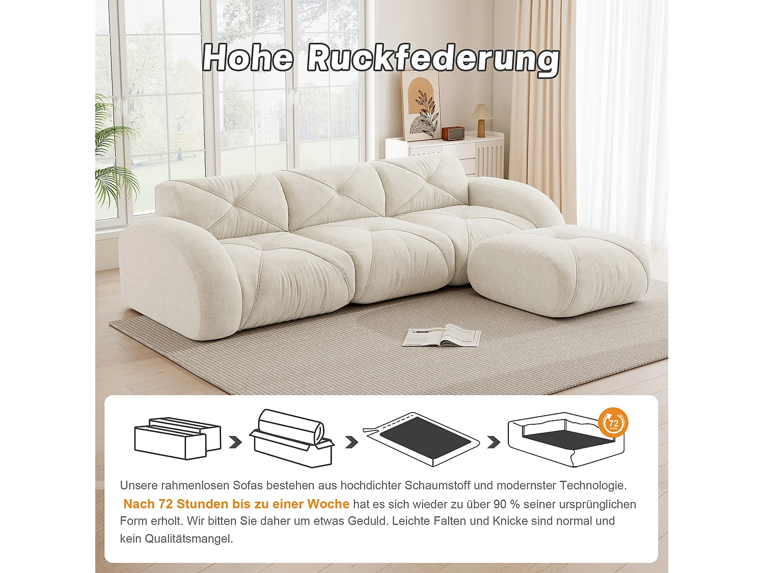 Canapé d'Angle Modulaire 3 Places avec Pouf en Chenille, Design Minimaliste sans Cadre, Assise Profonde et Flexible - Blanc