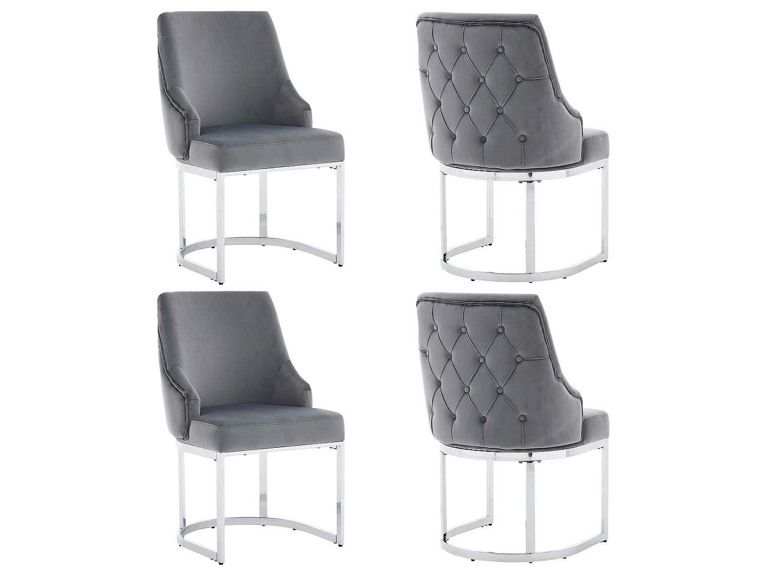 Lot de 4 chaises de salle à manger - Style moderne - Pieds plaqués or - Tissu velours - Gris et argent