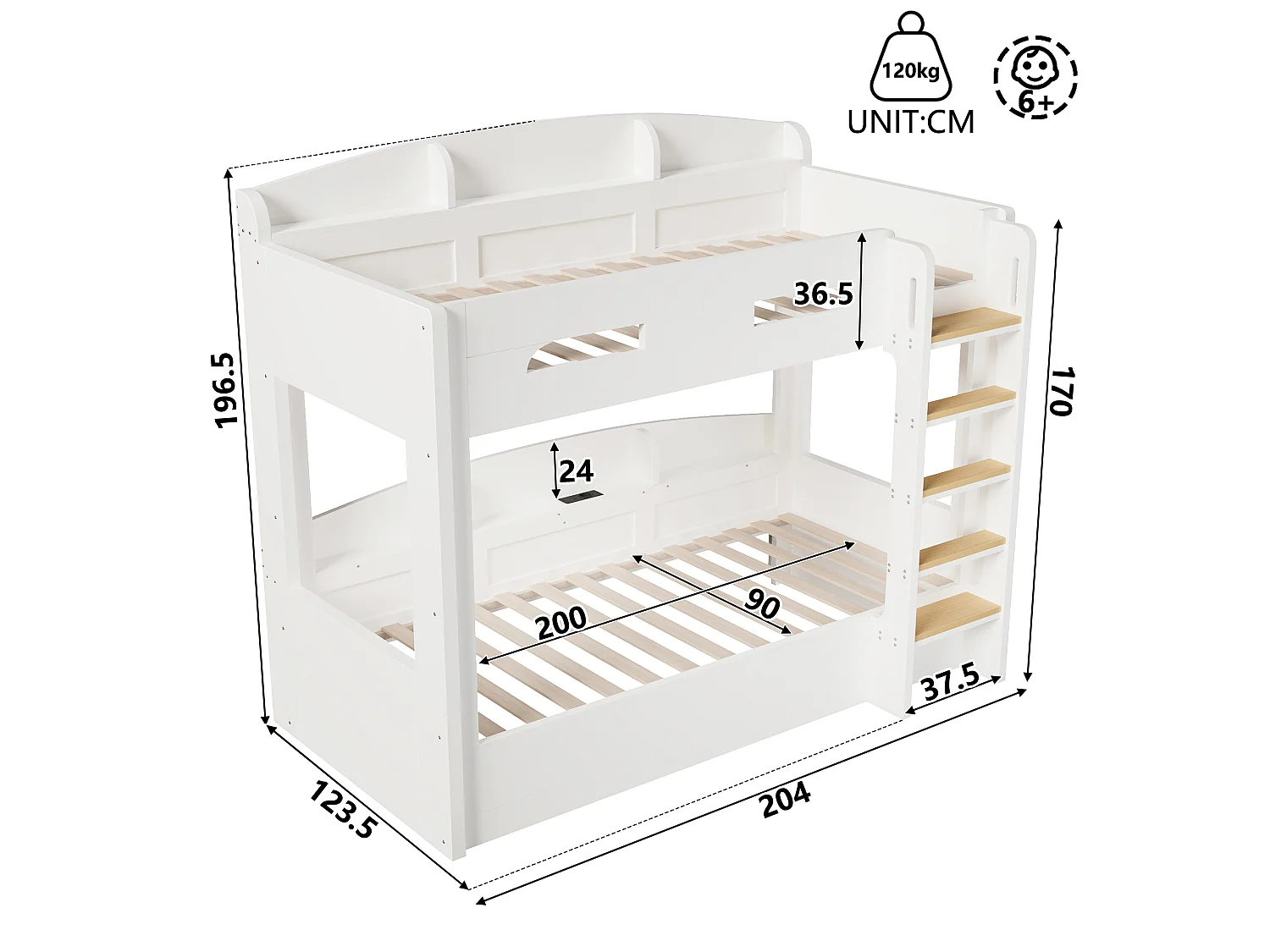 Lit superposé 90 x 200 cm - avec barrière de sécurité et échelle - avec port USB et étagère - MDF - Blanc (sans matelas)