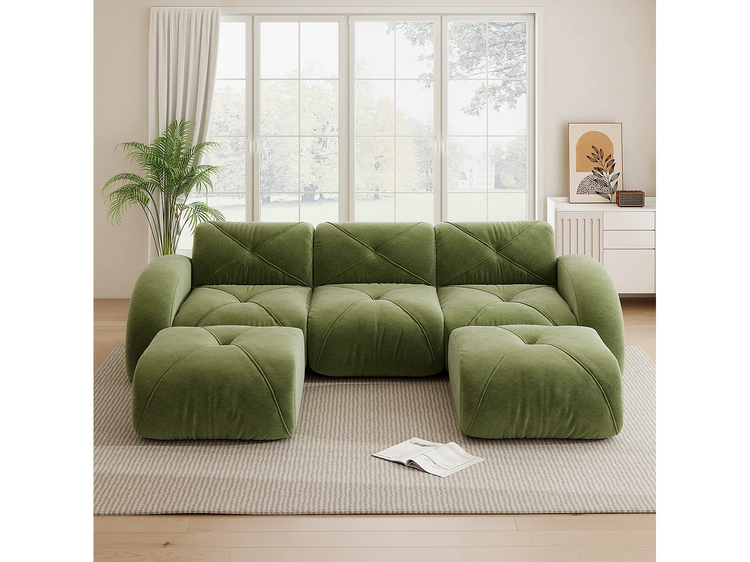 Canapé d'Angle Modulaire 3 Places avec 2 Poufs en Chenille, Design Minimaliste sans Cadre, Assise Profonde et Flexible - Vert
