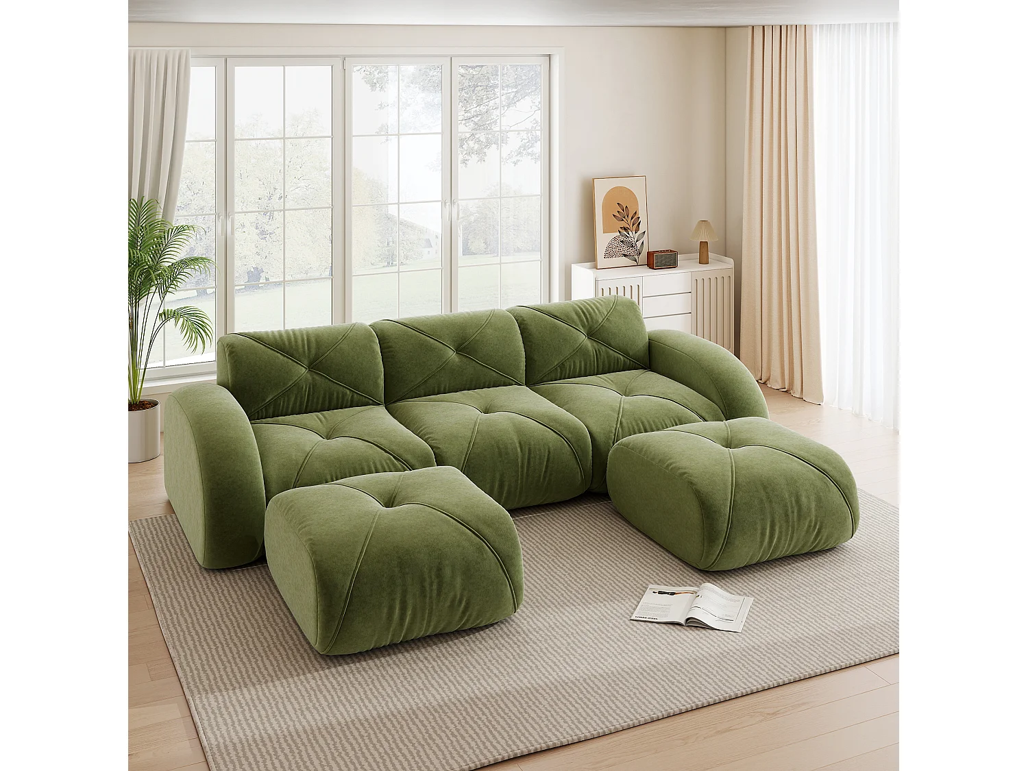 Canapé d'Angle Modulaire 3 Places avec 2 Poufs en Chenille, Design Minimaliste sans Cadre, Assise Profonde et Flexible - Vert