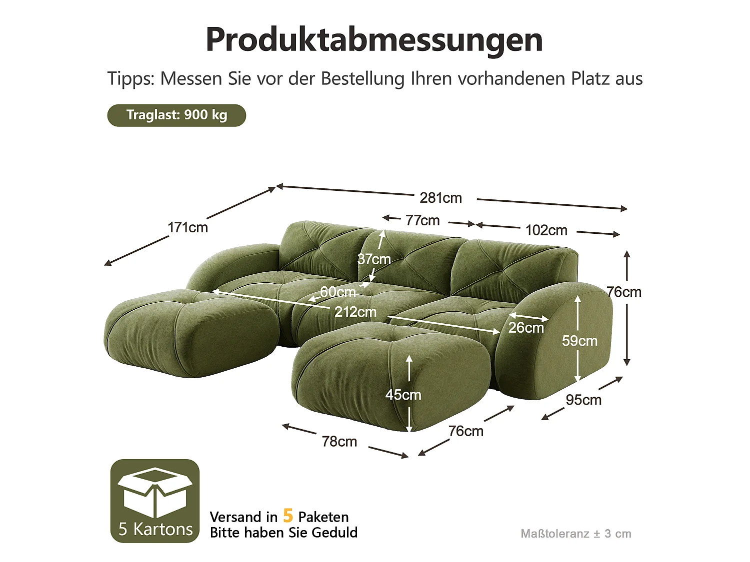 Canapé d'Angle Modulaire 3 Places avec 2 Poufs en Chenille, Design Minimaliste sans Cadre, Assise Profonde et Flexible - Vert