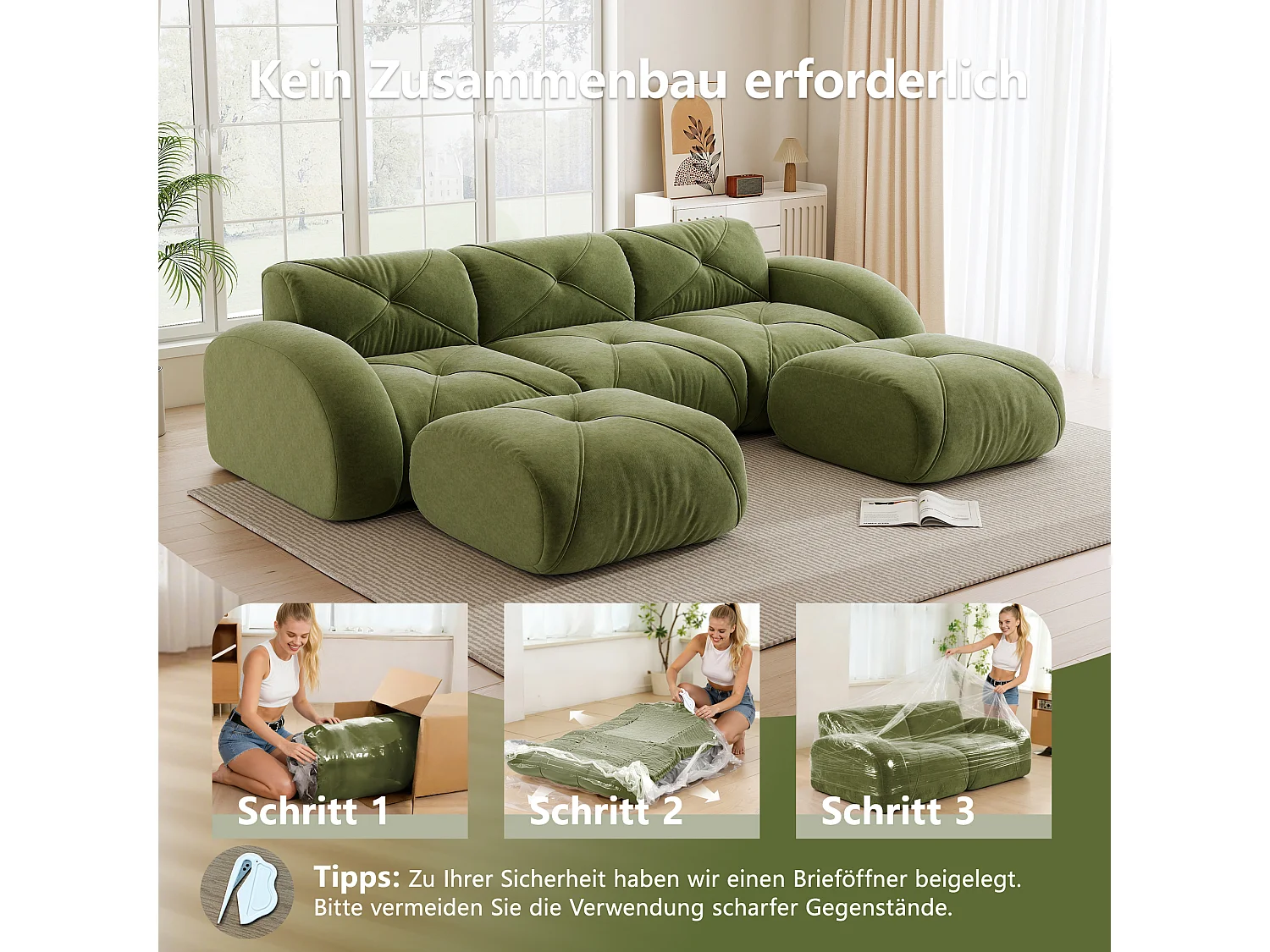 Canapé d'Angle Modulaire 3 Places avec 2 Poufs en Chenille, Design Minimaliste sans Cadre, Assise Profonde et Flexible - Vert