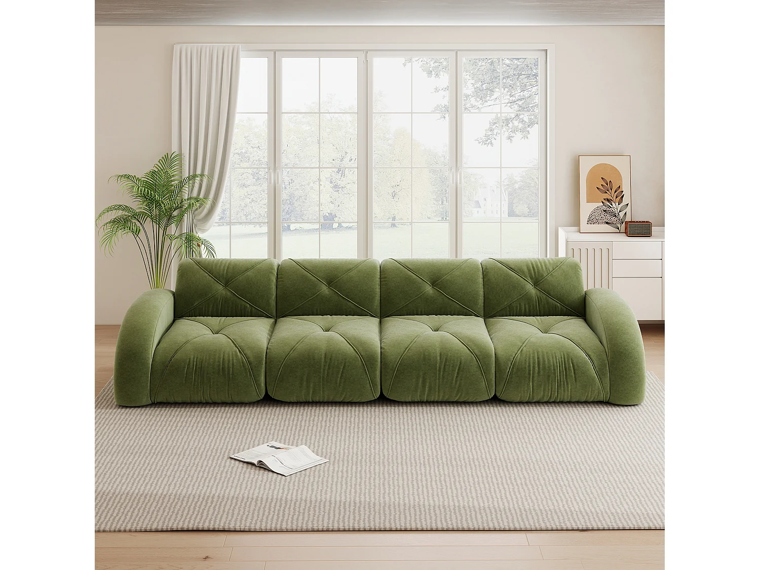 Canapé 4 Places Modulaire en Chenille, Design Minimaliste sans Cadre, Assise Profonde et Majestueuse - Vert