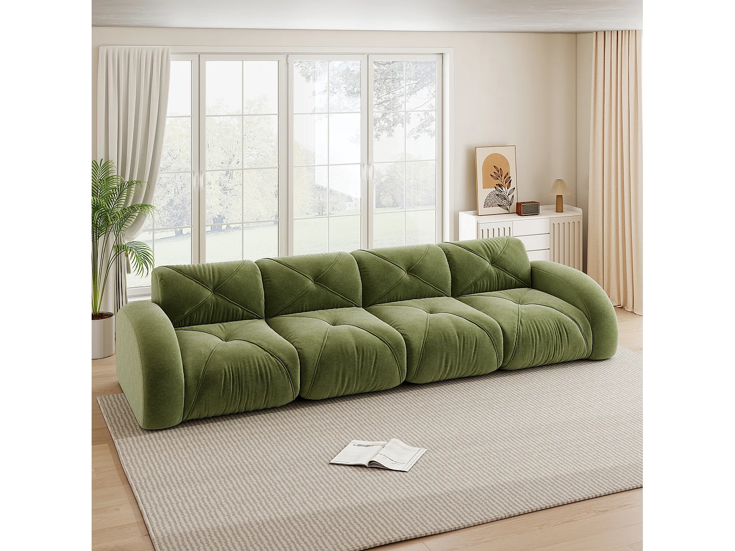 Canapé 4 Places Modulaire en Chenille, Design Minimaliste sans Cadre, Assise Profonde et Majestueuse - Vert