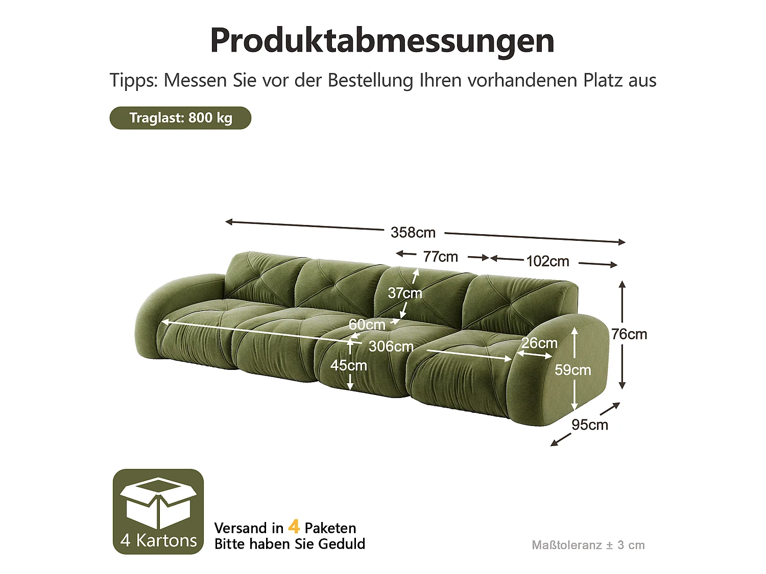 Canapé 4 Places Modulaire en Chenille, Design Minimaliste sans Cadre, Assise Profonde et Majestueuse - Vert