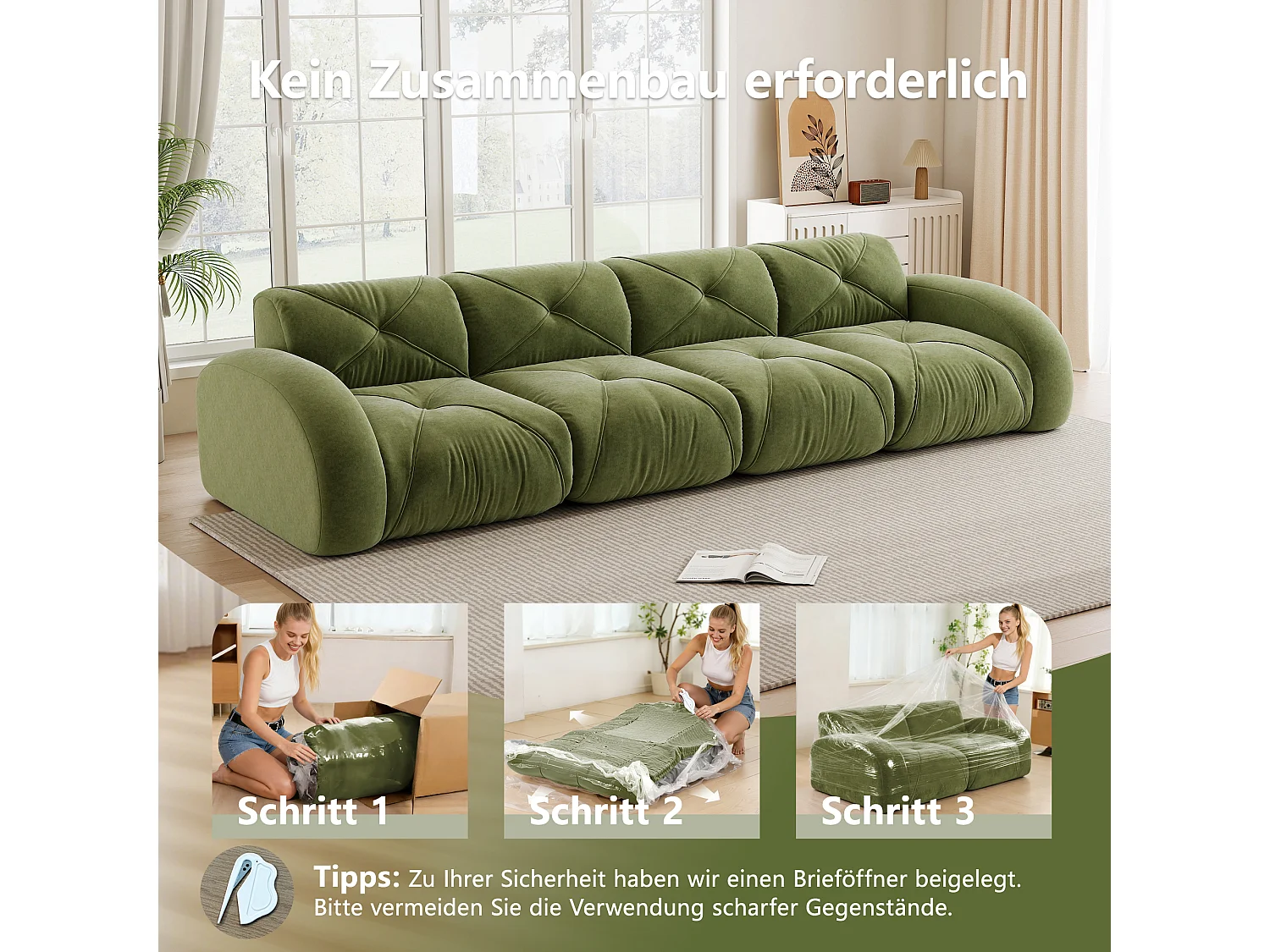 Canapé 4 Places Modulaire en Chenille, Design Minimaliste sans Cadre, Assise Profonde et Majestueuse - Vert