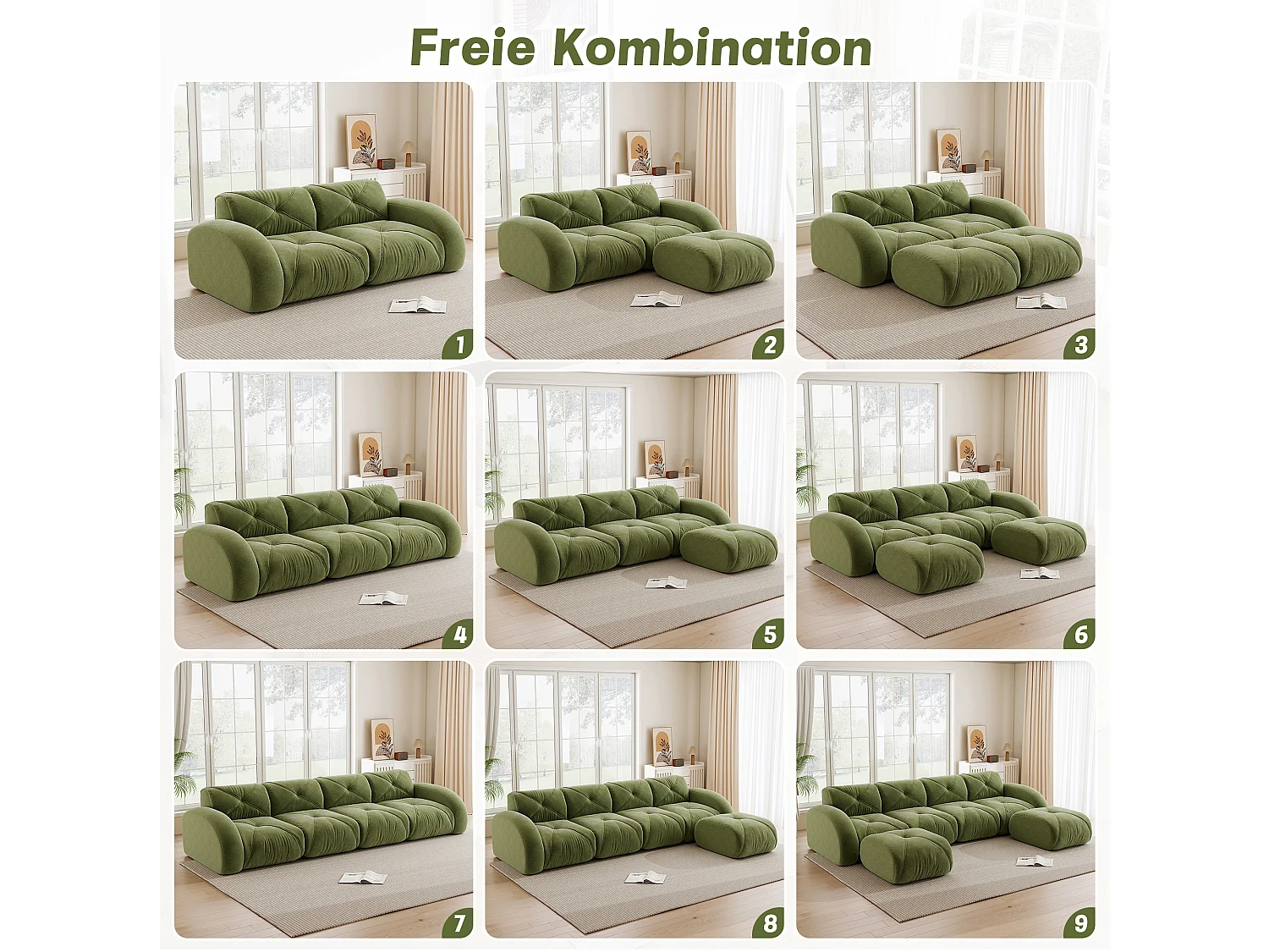 Canapé 4 Places Modulaire en Chenille, Design Minimaliste sans Cadre, Assise Profonde et Majestueuse - Vert