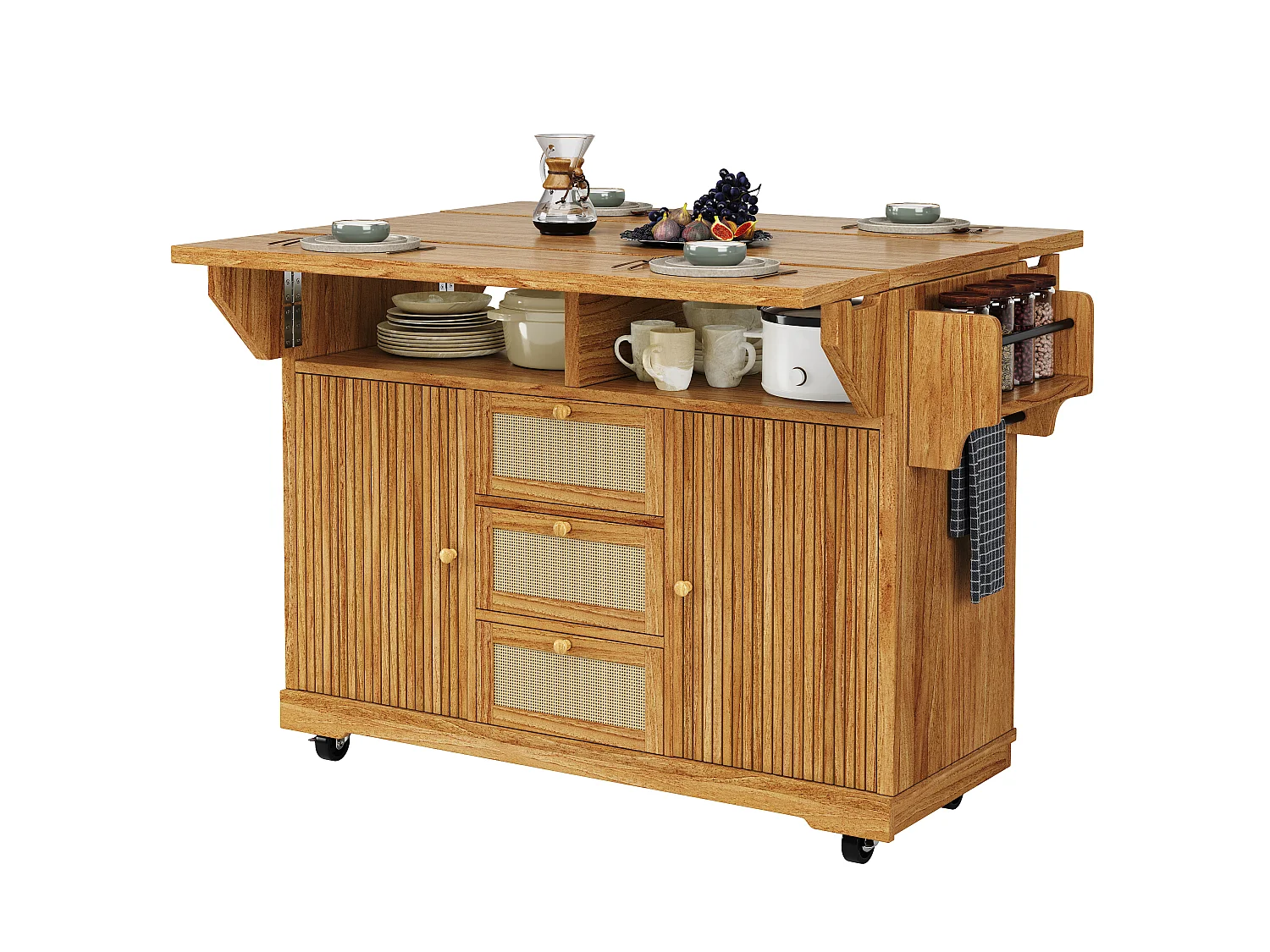 Mobiler & klappbarer Kücheninsel 95cm - Servierwagen mit PE-Rattan-Schubladen, seitlichem Stauraum, ausziehbarer Arbeitsfläche, ergonomischer Höhe - Dunkelbraun