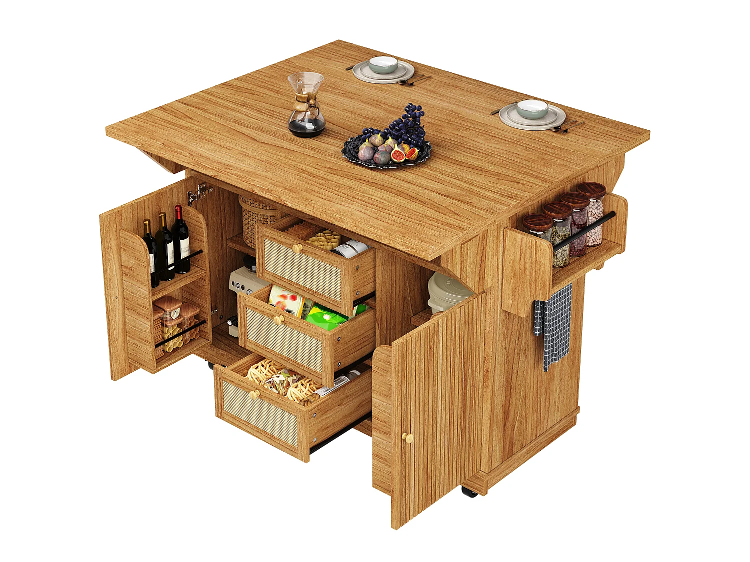 Mobiler & klappbarer Kücheninsel 95cm - Servierwagen mit PE-Rattan-Schubladen, seitlichem Stauraum, ausziehbarer Arbeitsfläche, ergonomischer Höhe - Dunkelbraun