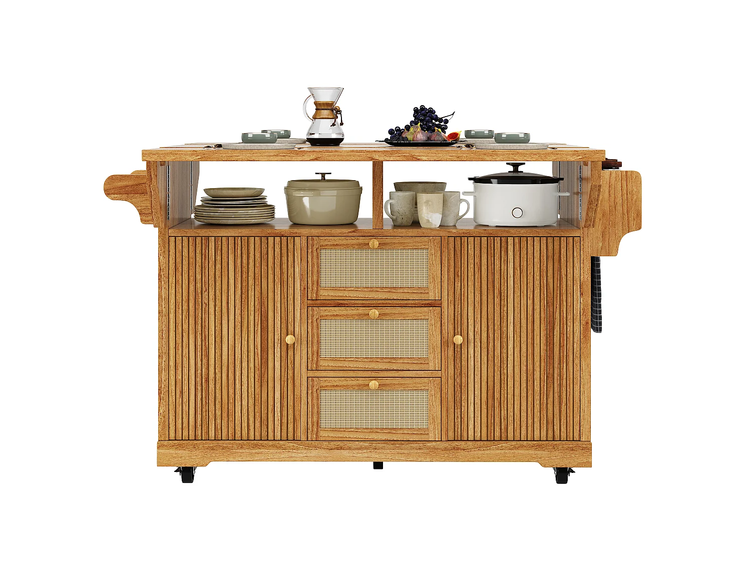 Mobiler & klappbarer Kücheninsel 95cm - Servierwagen mit PE-Rattan-Schubladen, seitlichem Stauraum, ausziehbarer Arbeitsfläche, ergonomischer Höhe - Dunkelbraun