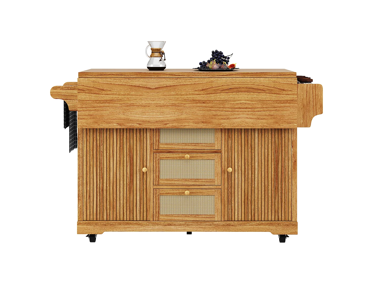 Mobiler & klappbarer Kücheninsel 95cm - Servierwagen mit PE-Rattan-Schubladen, seitlichem Stauraum, ausziehbarer Arbeitsfläche, ergonomischer Höhe - Dunkelbraun